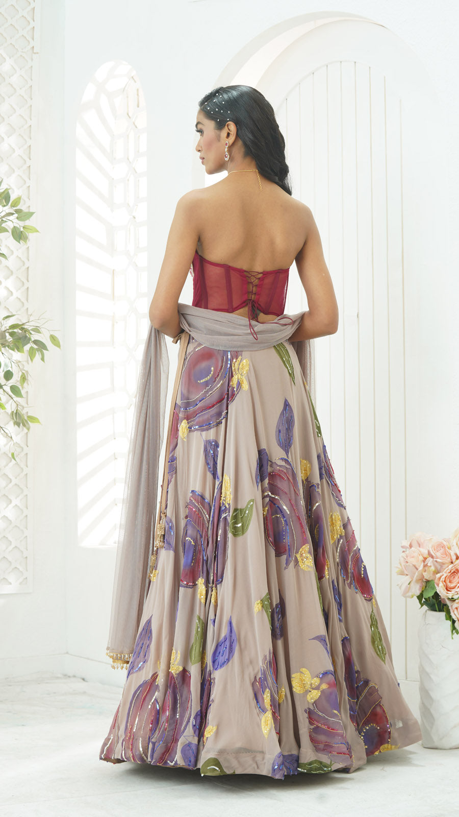 Mauve Hand Painted Lehenga and Floral Corset Set