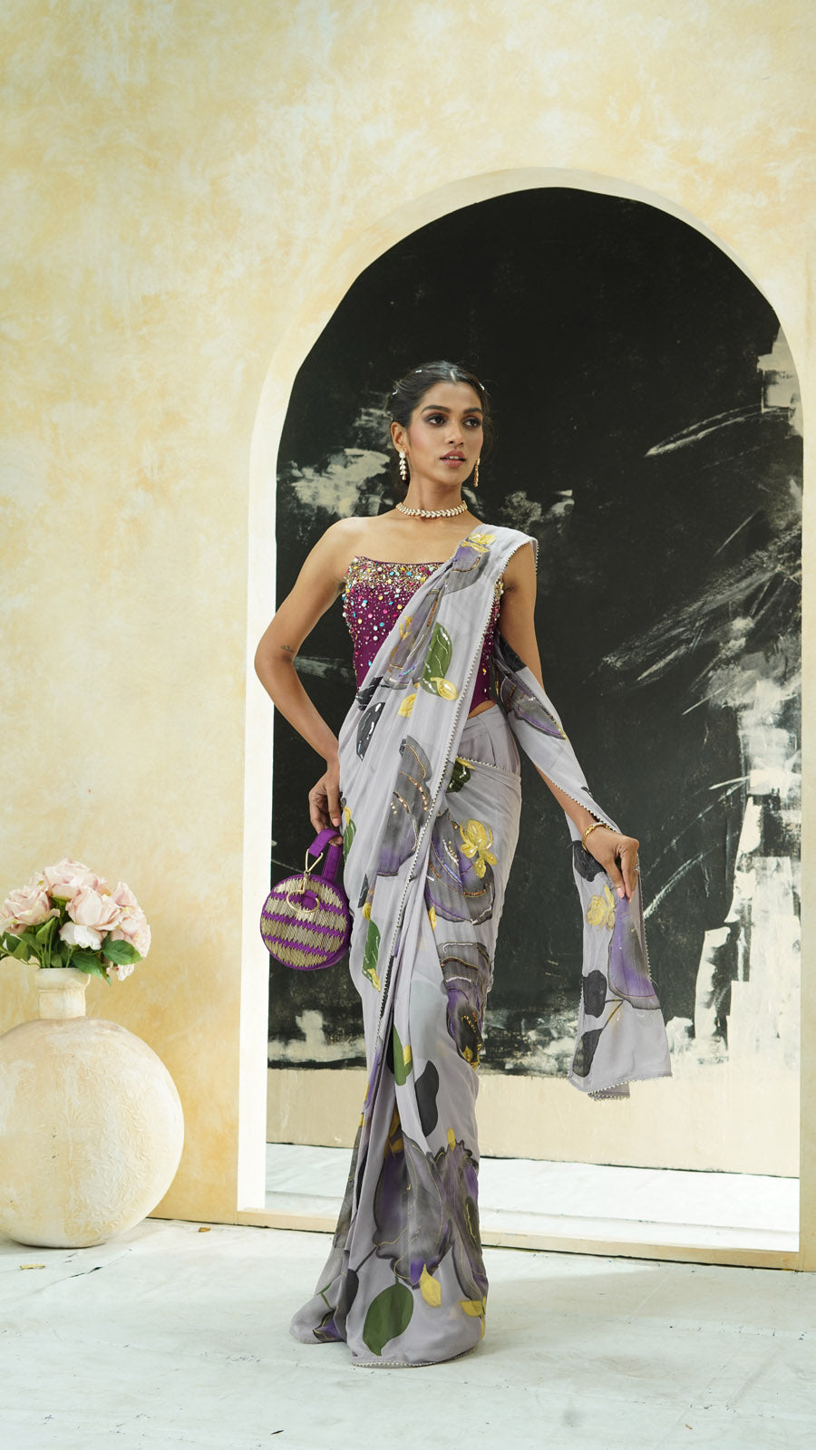 Periwinkle Hand Painted Saree and Corset Set