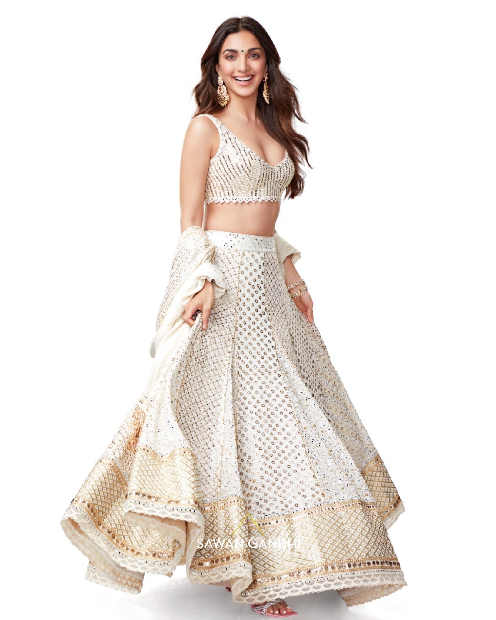 Kiara Advani in Ivory mukaish mirror work lehnga