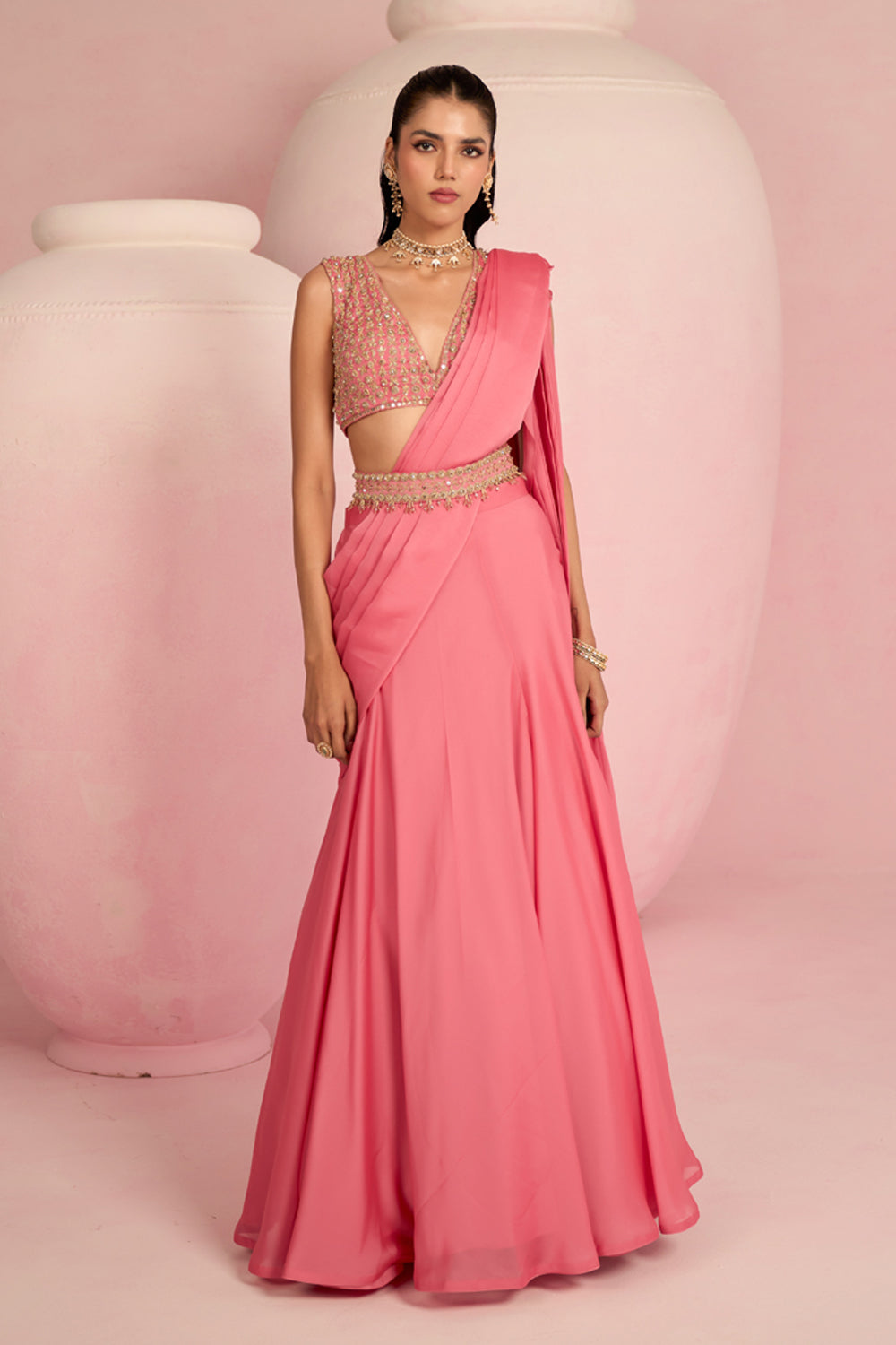 Pop Pink Lehenga Saree