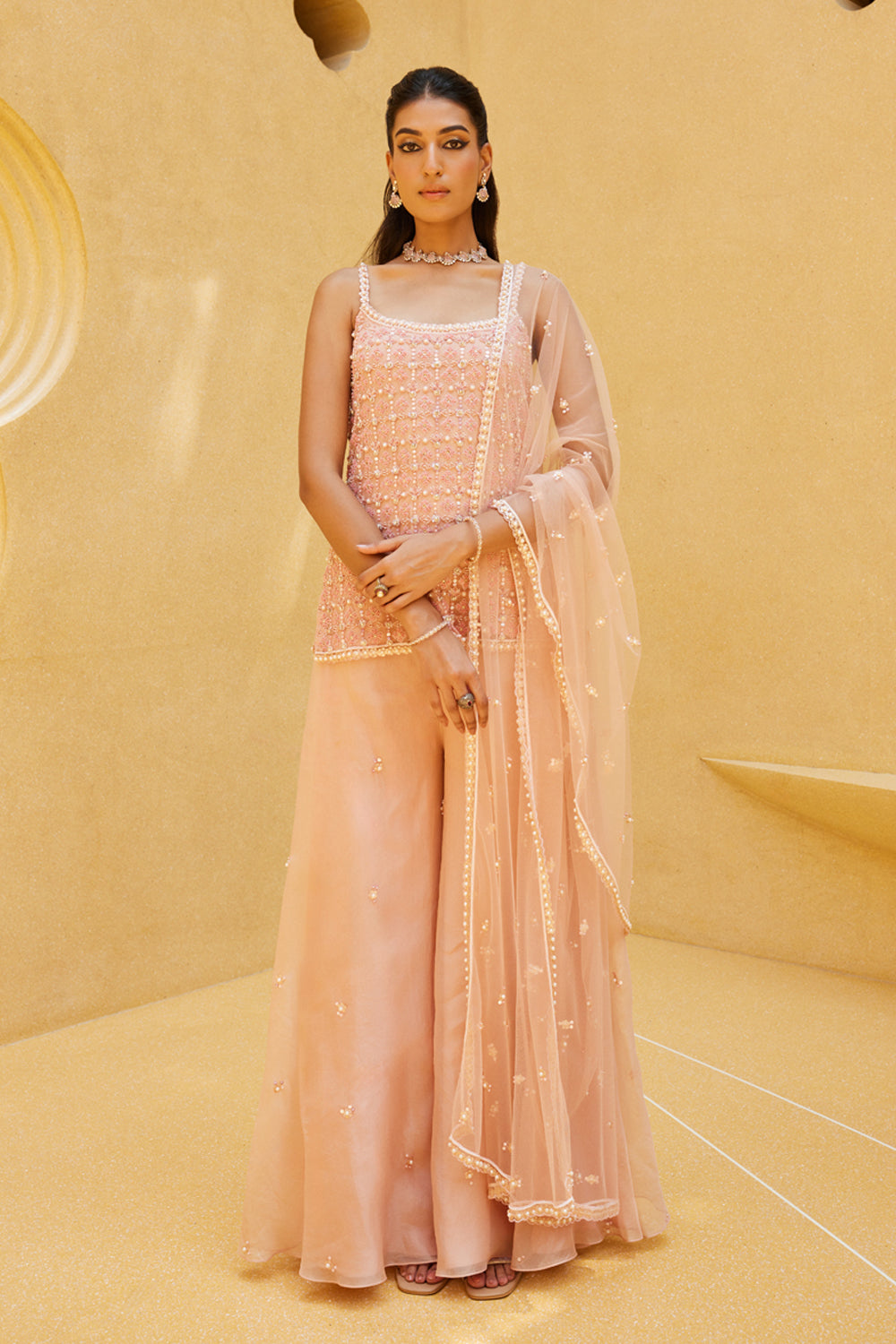 Blush Pink Kurti and Divided Skirt Set