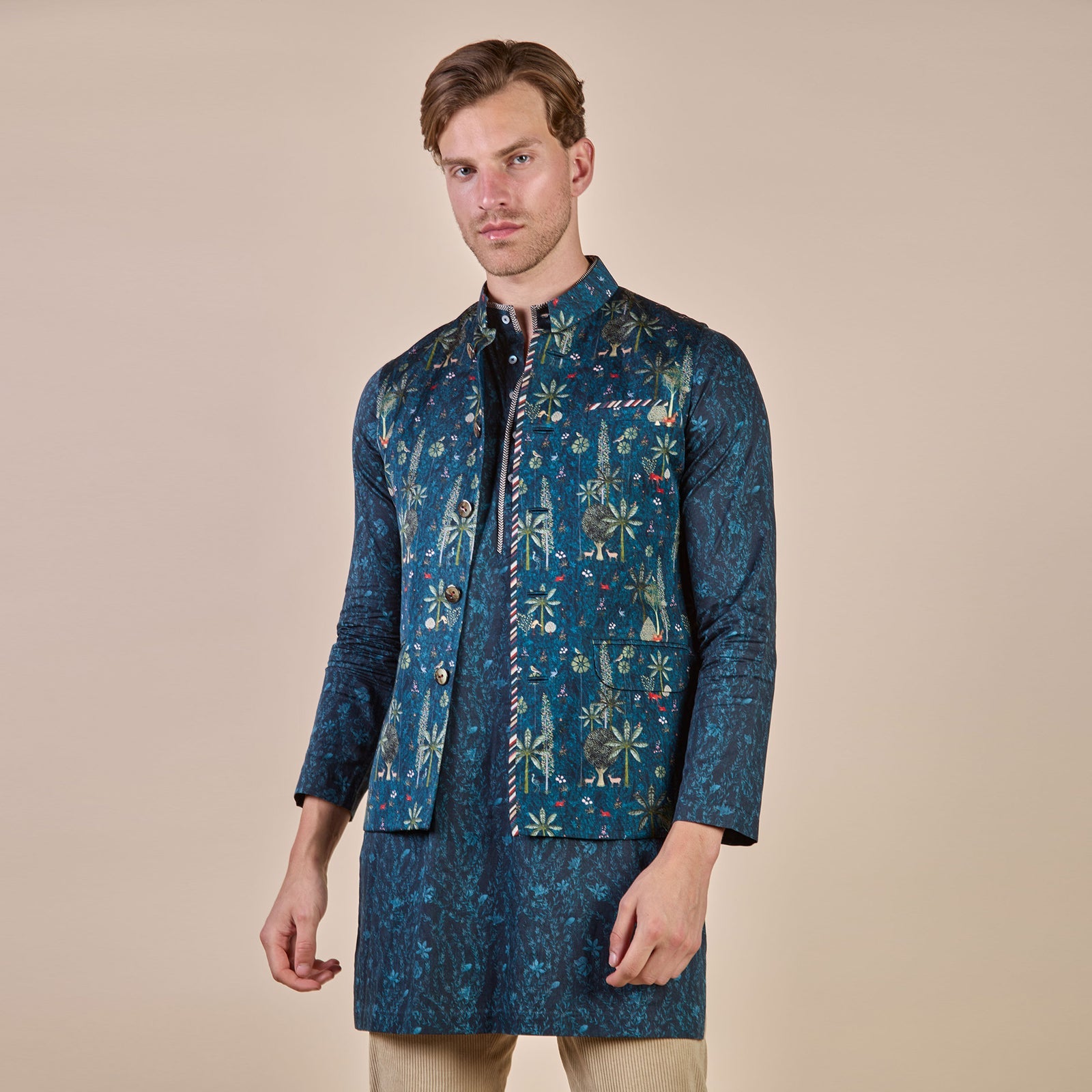 PRUSSIAN BLUE NEHRU JACKET & KURTA SET  - Ready To Ship