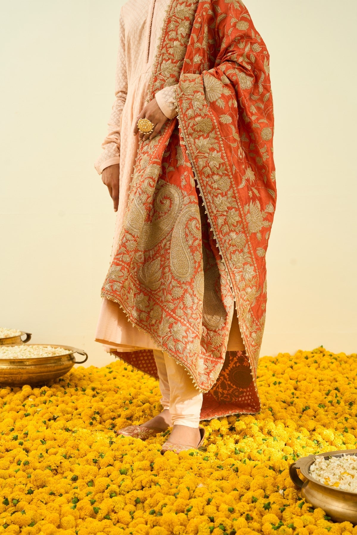Pumpkin Orange Floral Tilla Embroidery Odhni