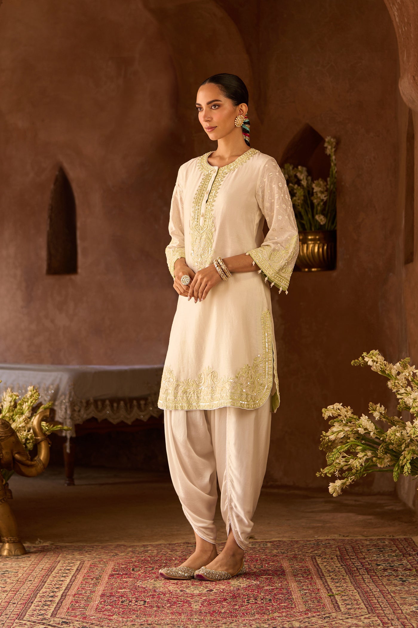 RUHI - DAISY IVORY WITH MINT GREEN SHORT KURTA AND DHOTI
