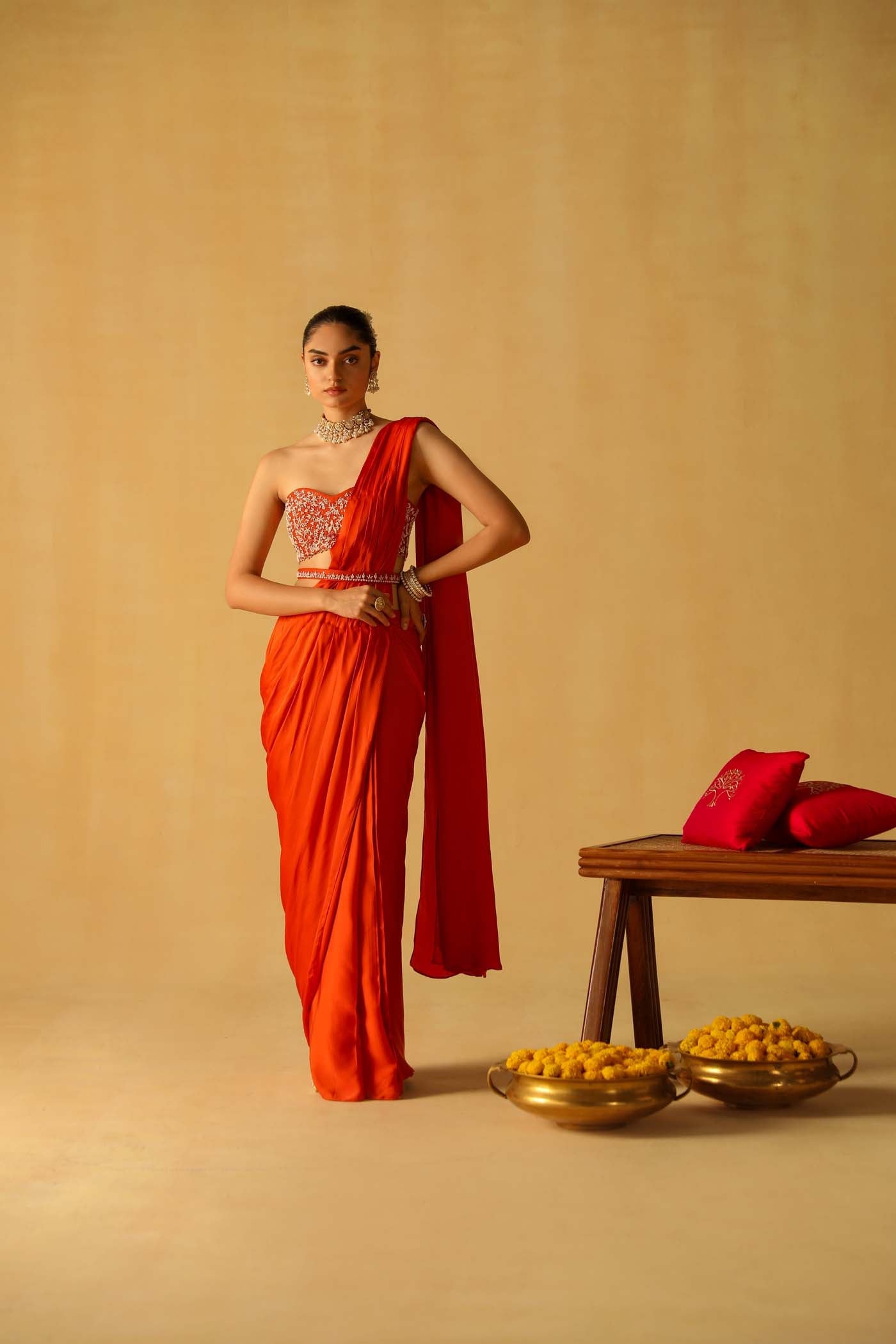 Ave Chicago x Sheetal Batra RUMAAN - BURNT ORANGE DRAPE SAREE SET