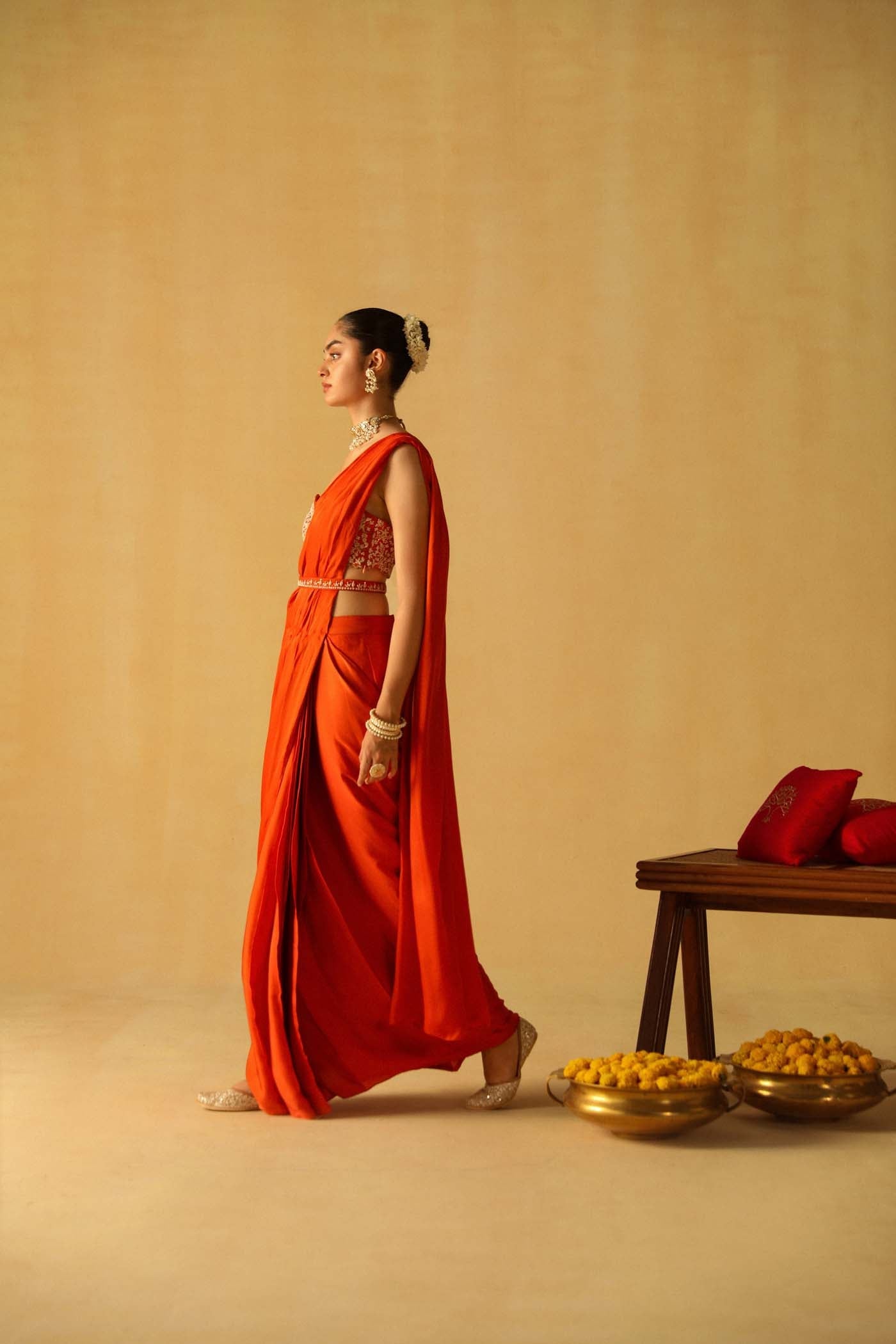 Ave Chicago x Sheetal Batra RUMAAN - BURNT ORANGE DRAPE SAREE SET