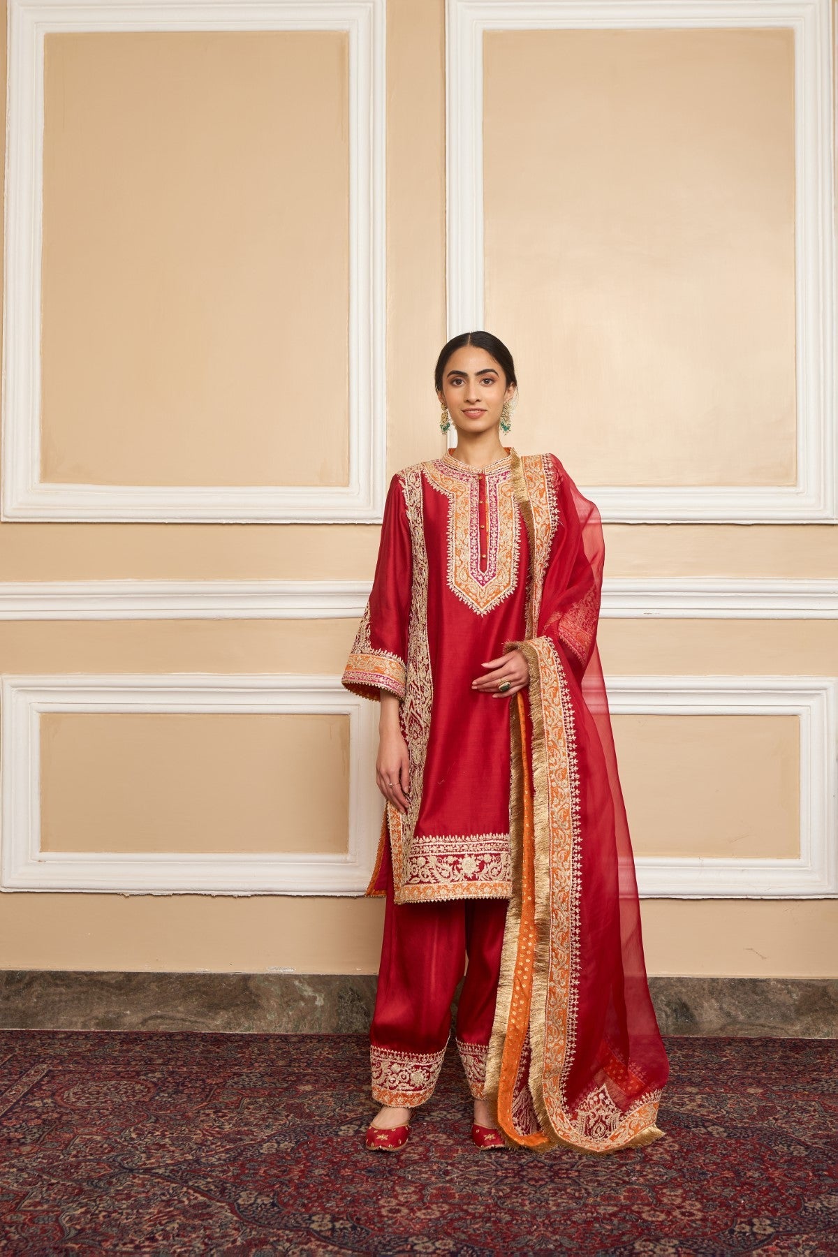 NAAYAAB - DEEP RED SHORT KURTA WITH SALWAR AND DUPATTA