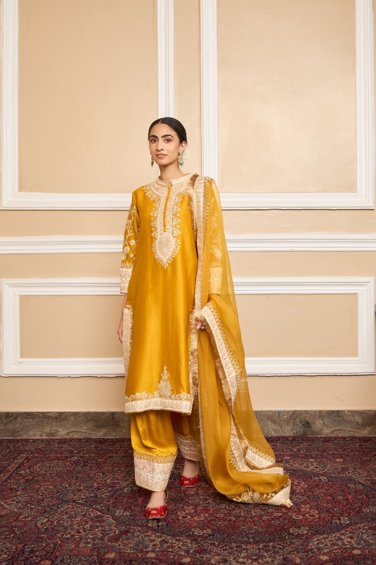 Samridhi Dhillon IN RESHAM - GLAZE MUSTARD SHORT KURTA WITH SALWAR AND DUPATTA