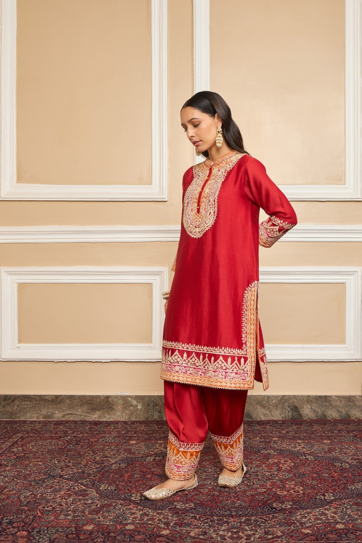 AFSAANA - DEEP RED SHORT KURTA WITH SALWAR AND DUPATTA