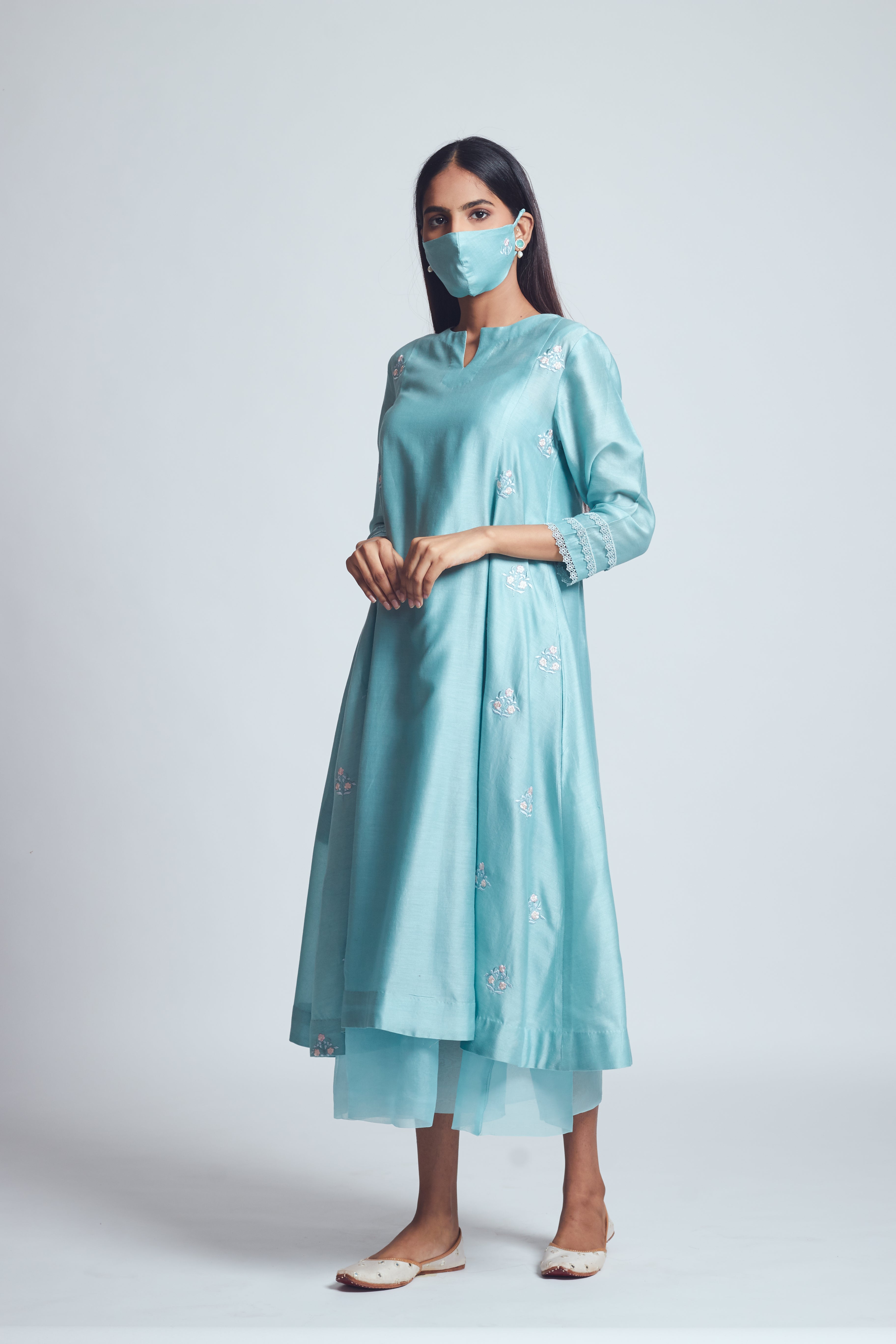 Amna- Teal blue twin layer summer dress
