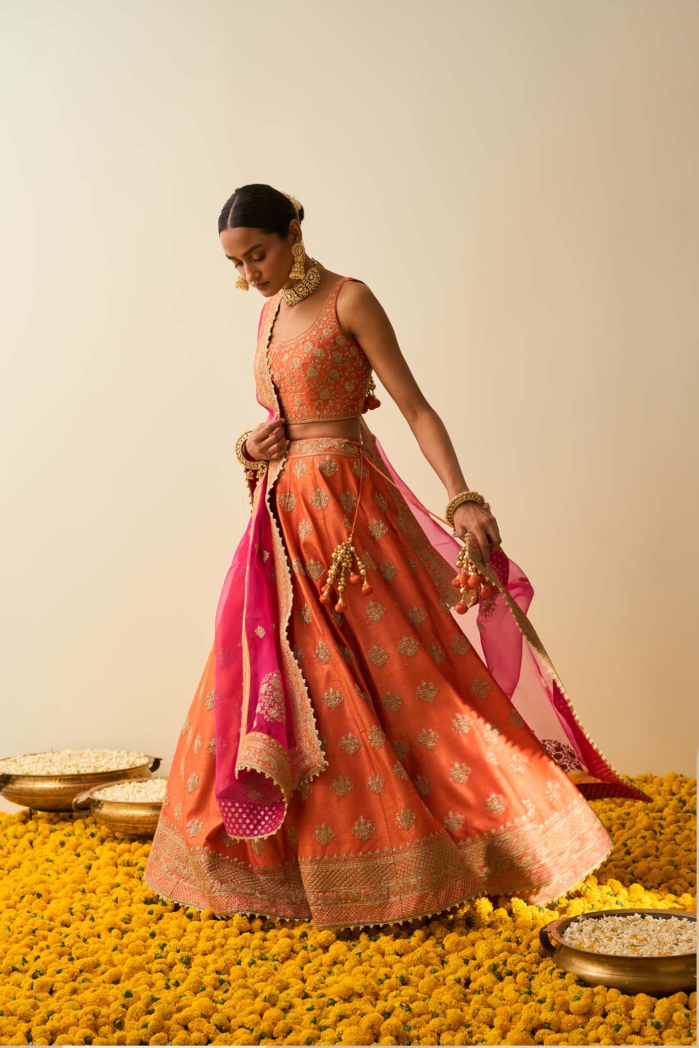 Mahira Orange Kashmiri tilla lehenga with blouse and dupatta