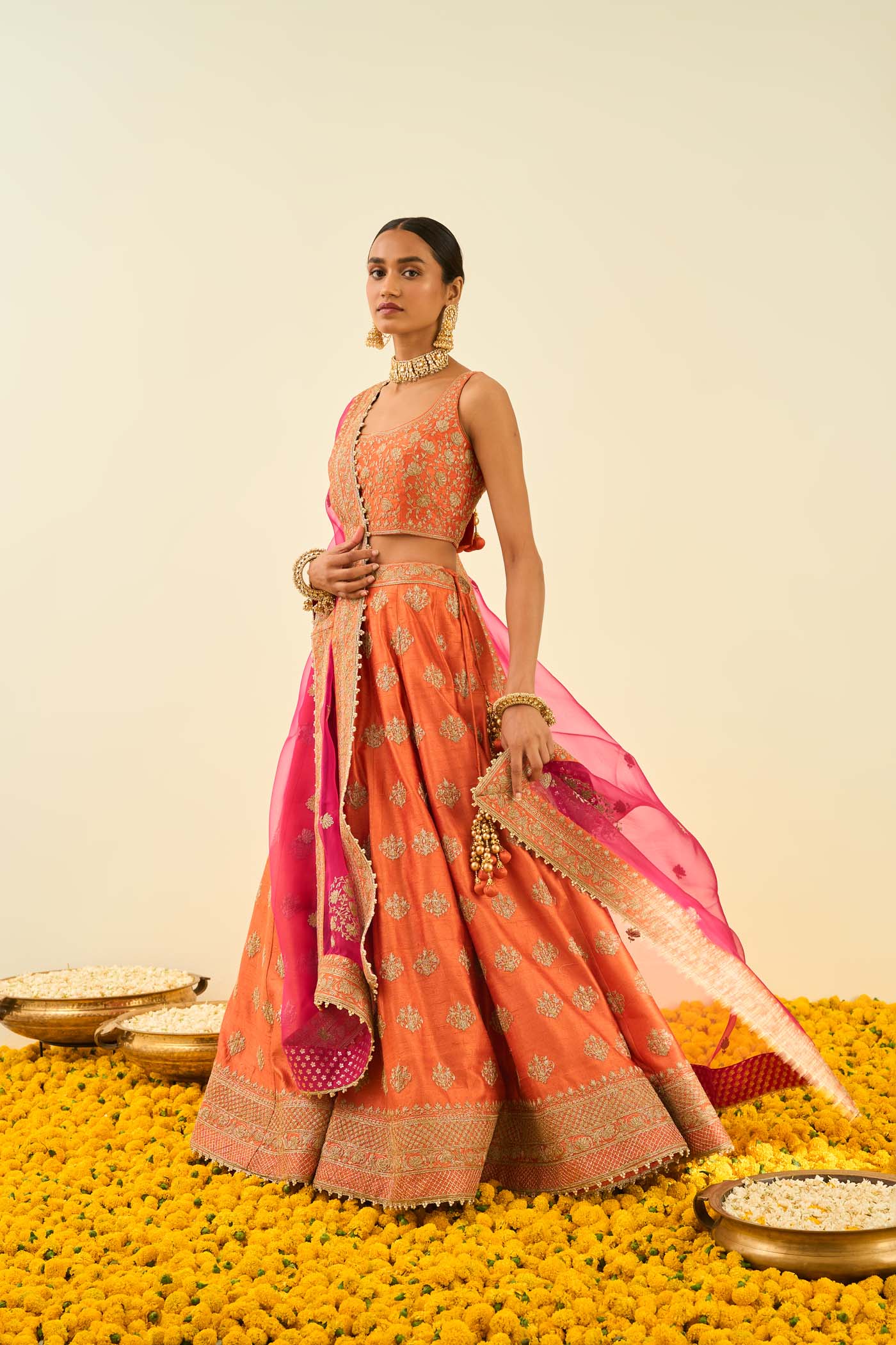 Mahira Orange Kashmiri tilla lehenga with blouse and dupatta
