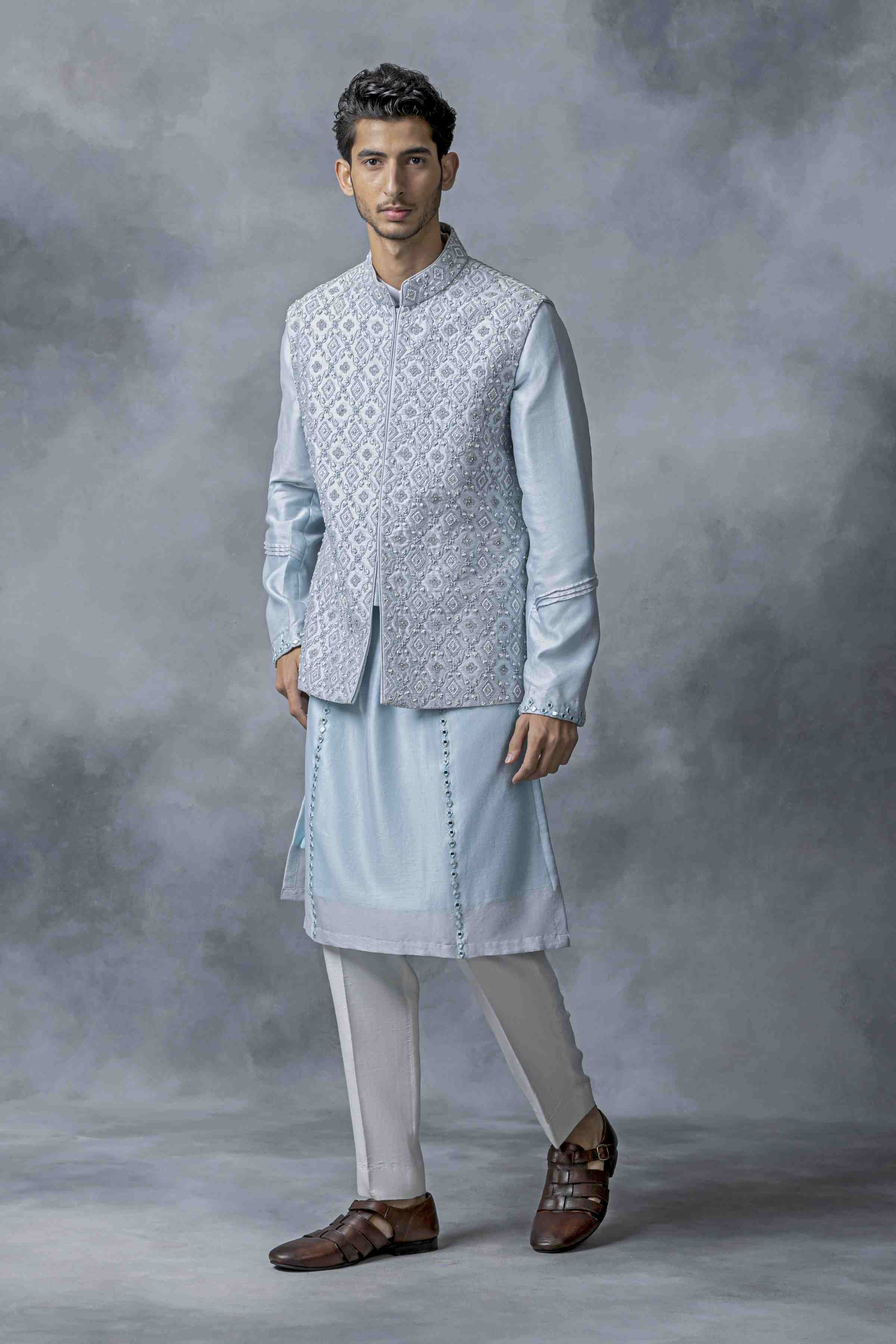 Sky Blue Pearl Work Waistcoat Set
