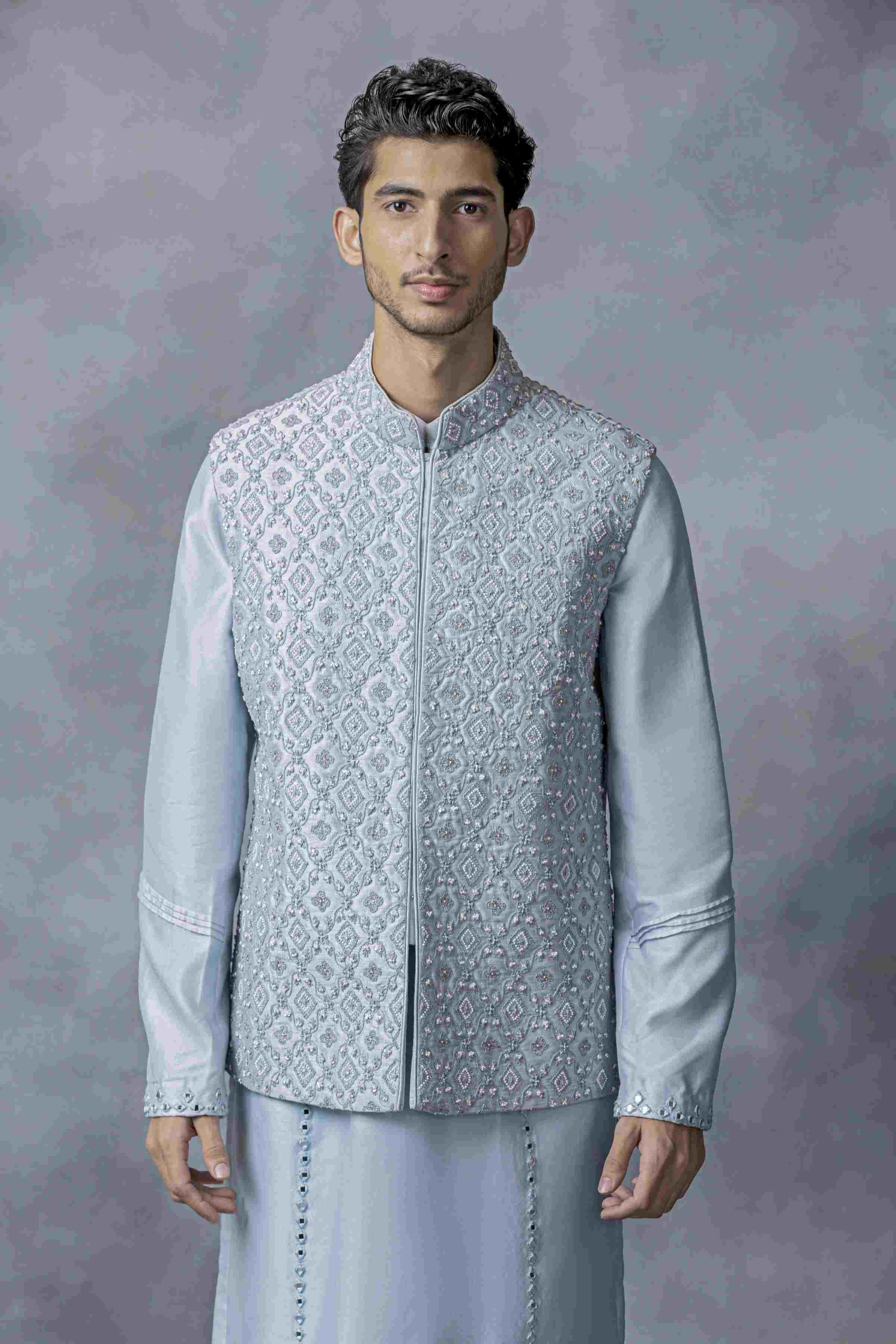 Sky Blue Pearl Work Waistcoat Set
