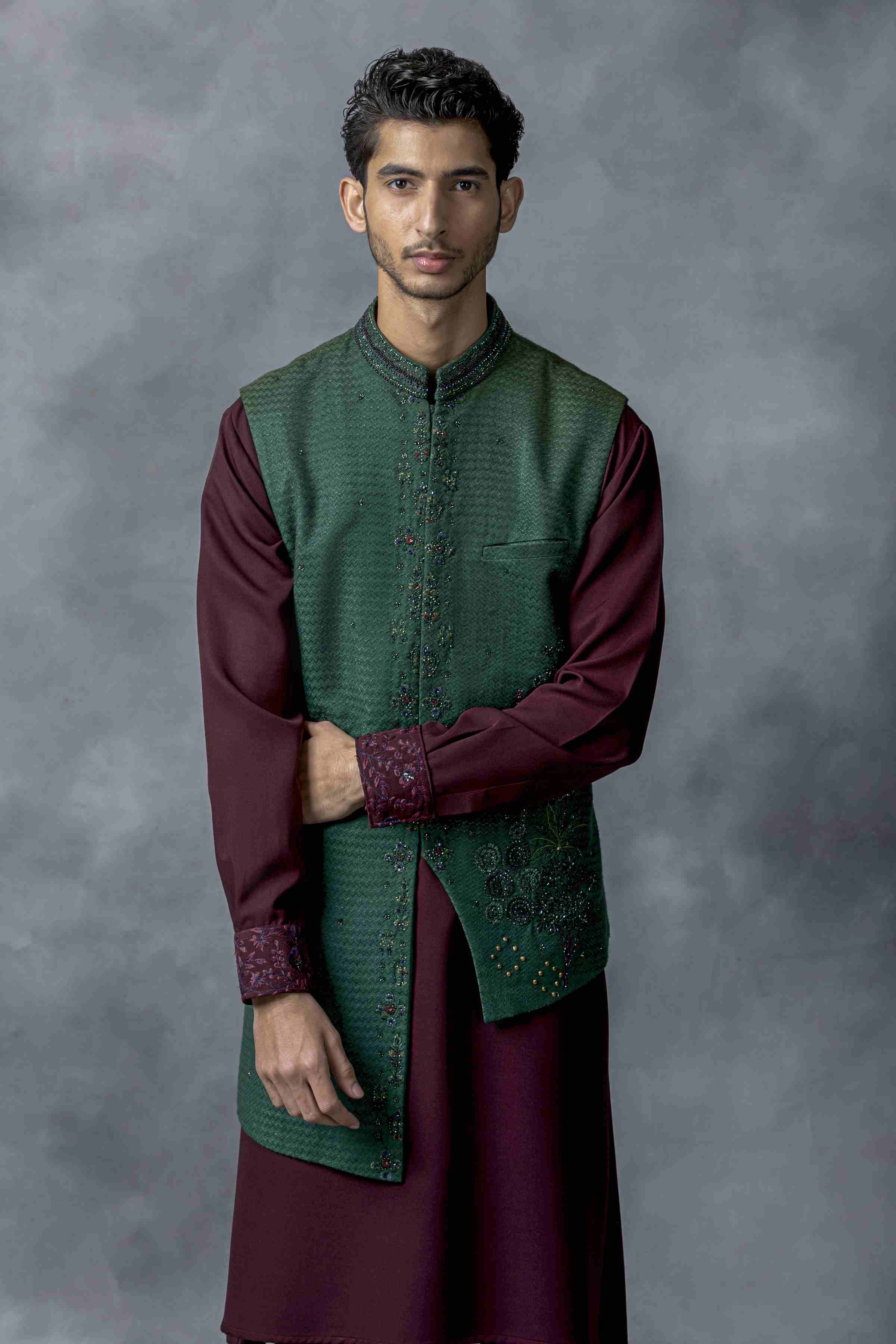 Green And Wine Pearl Work Waistcoat Set