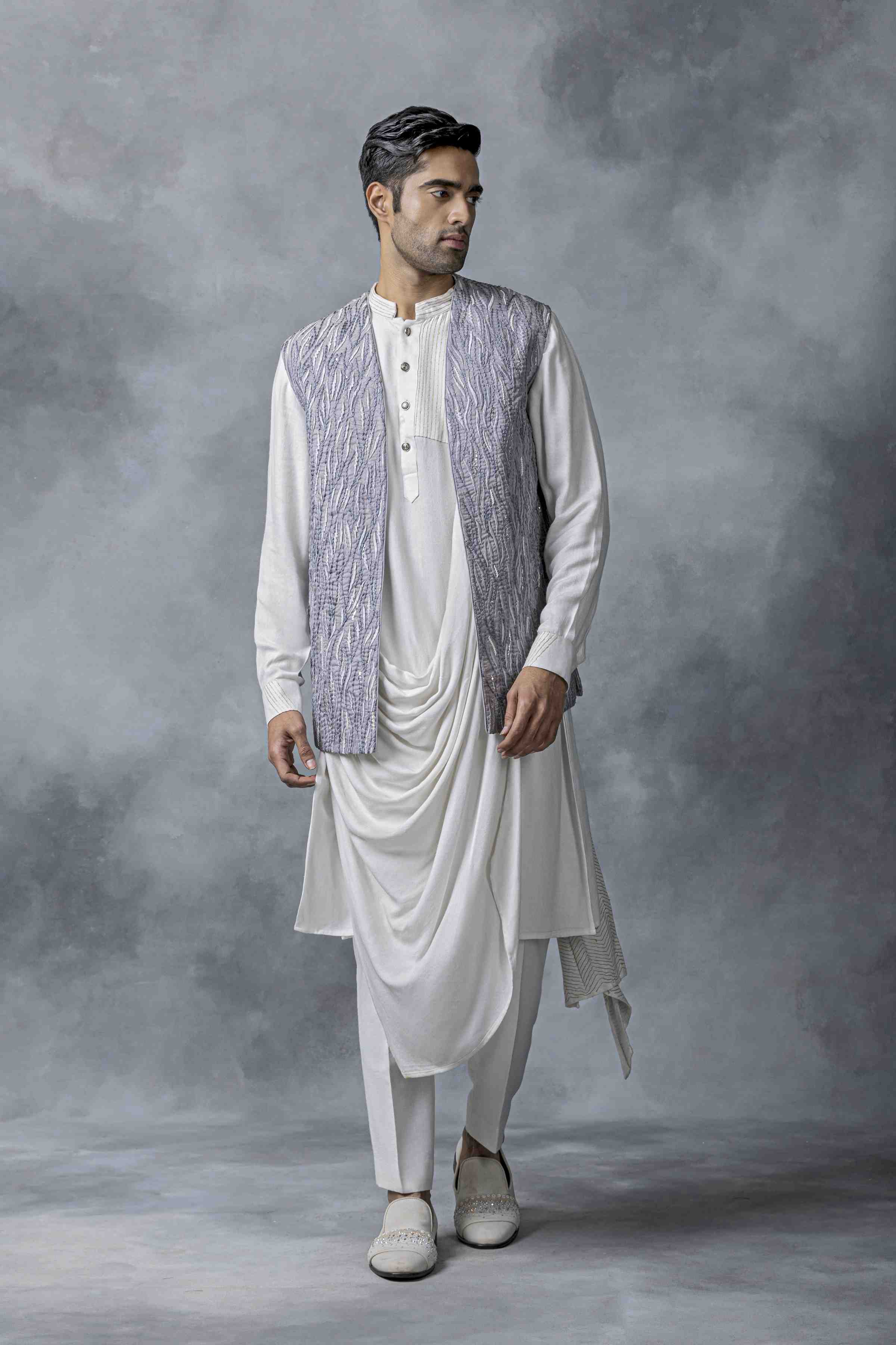 Grey And White Open Waistcoat Set