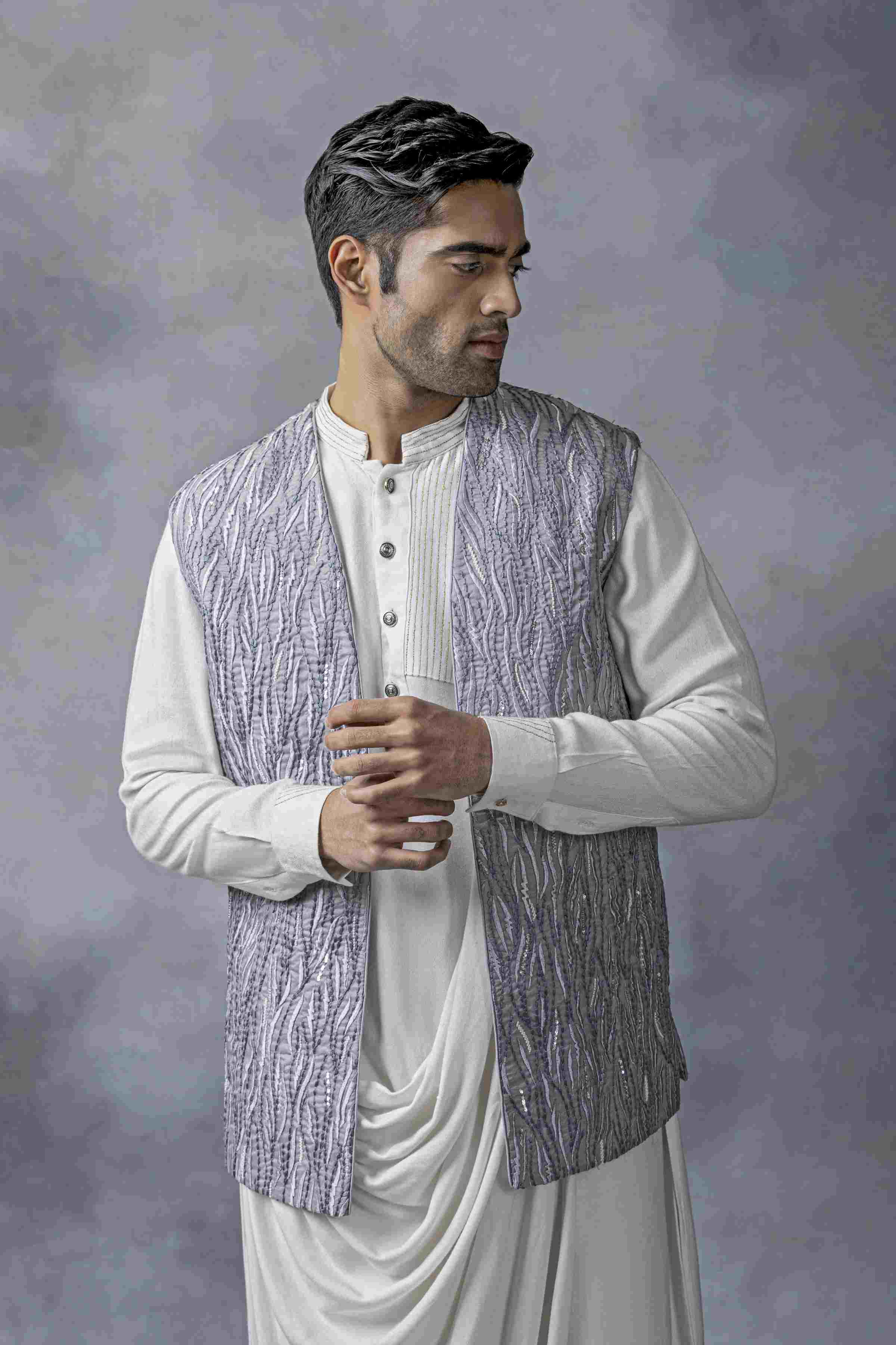 Grey And White Open Waistcoat Set