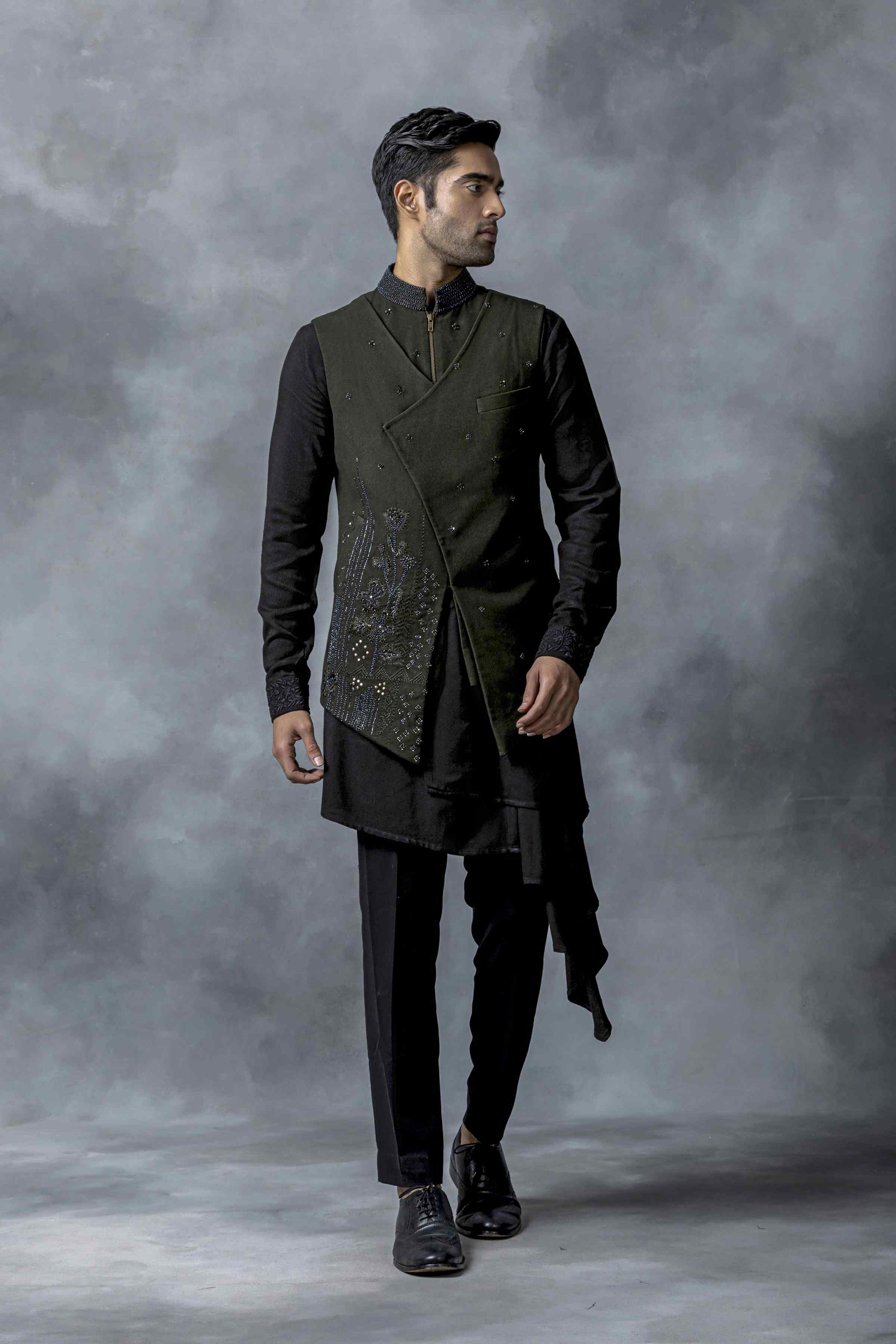 Olive Green Asymmetrical Kurta Set