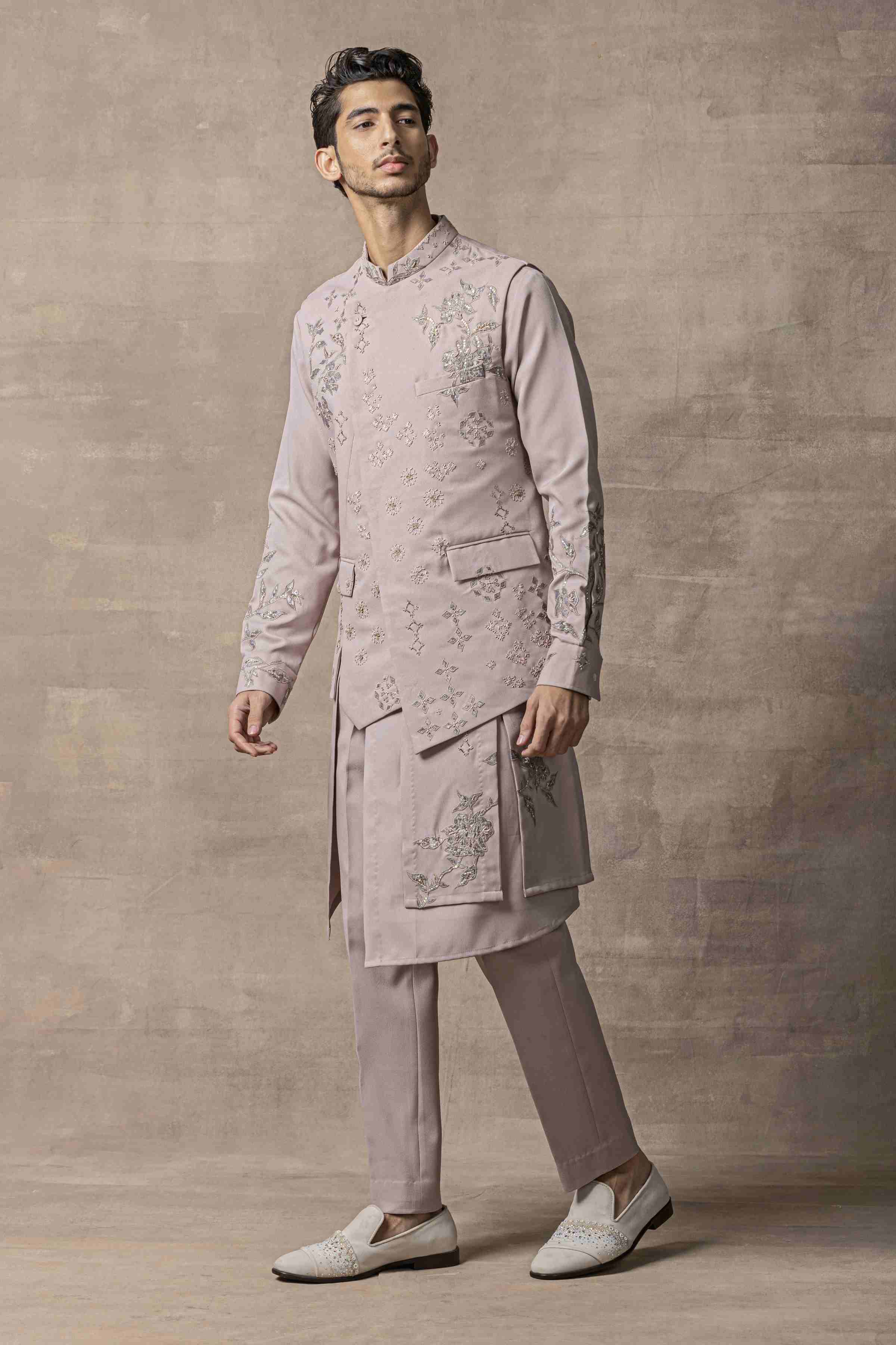 Lavender Waistcoat With Panel Kurta Set