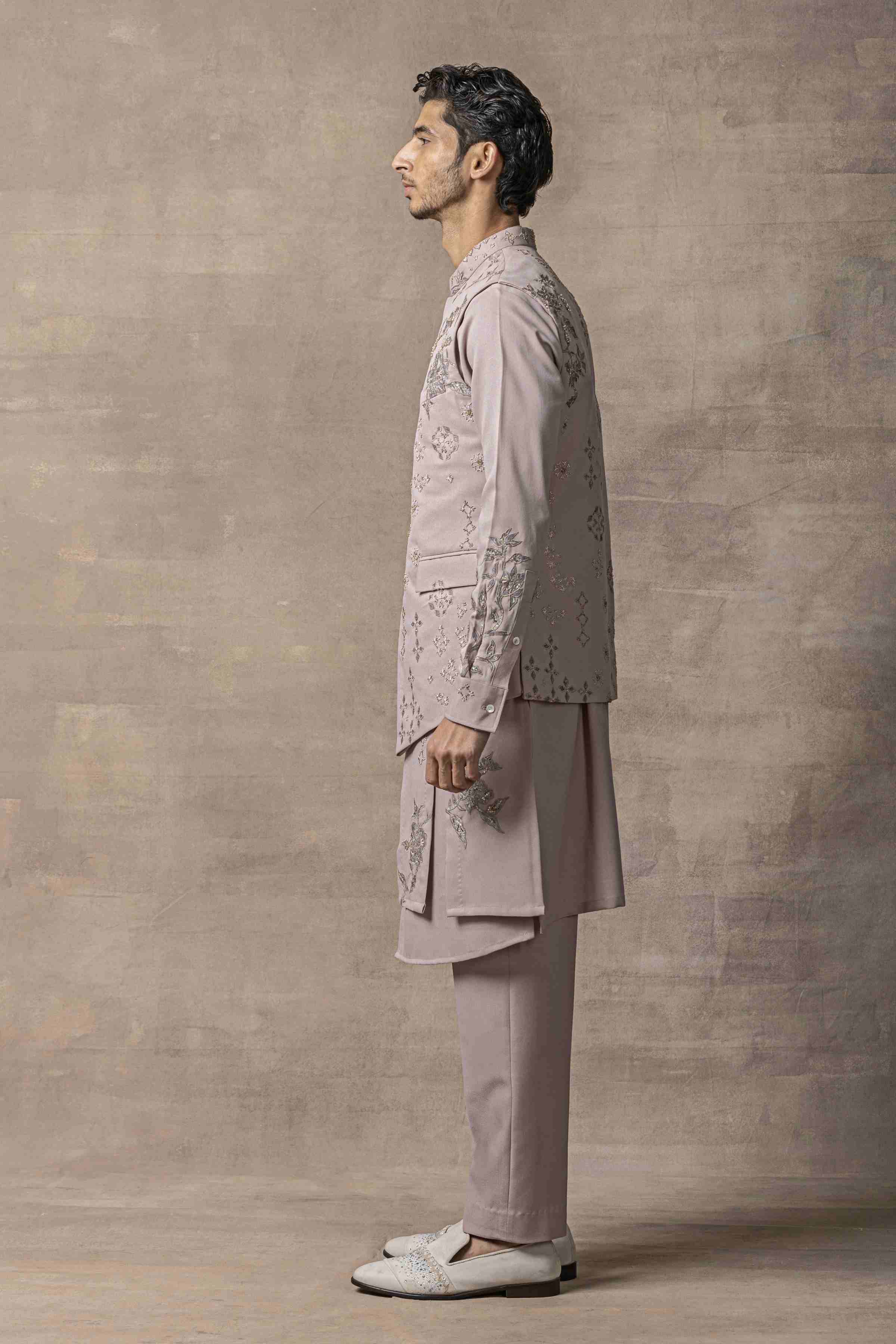 Lavender Waistcoat With Panel Kurta Set