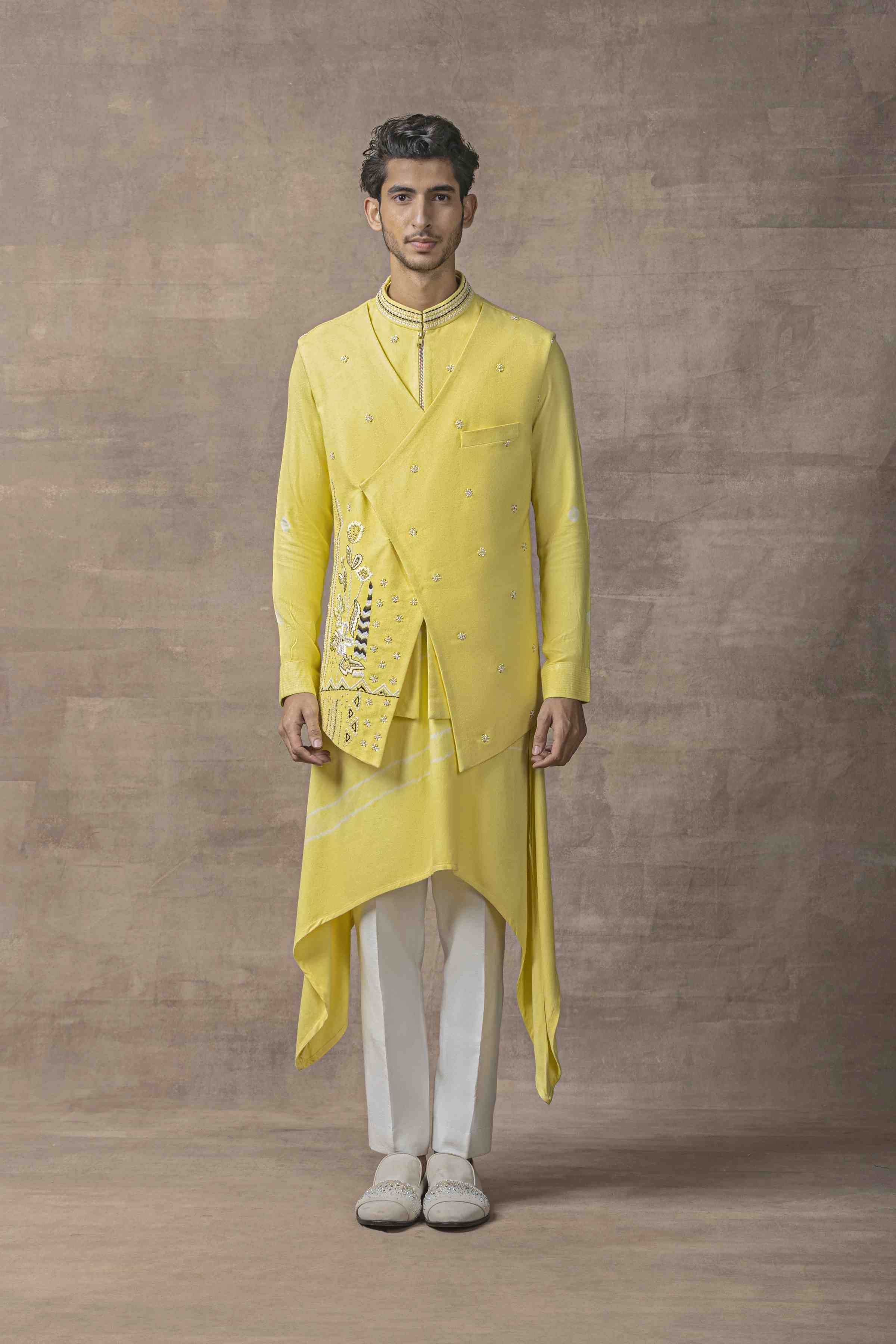 Lemon Waistcoat With Asymmetrical Kurta And Pants
