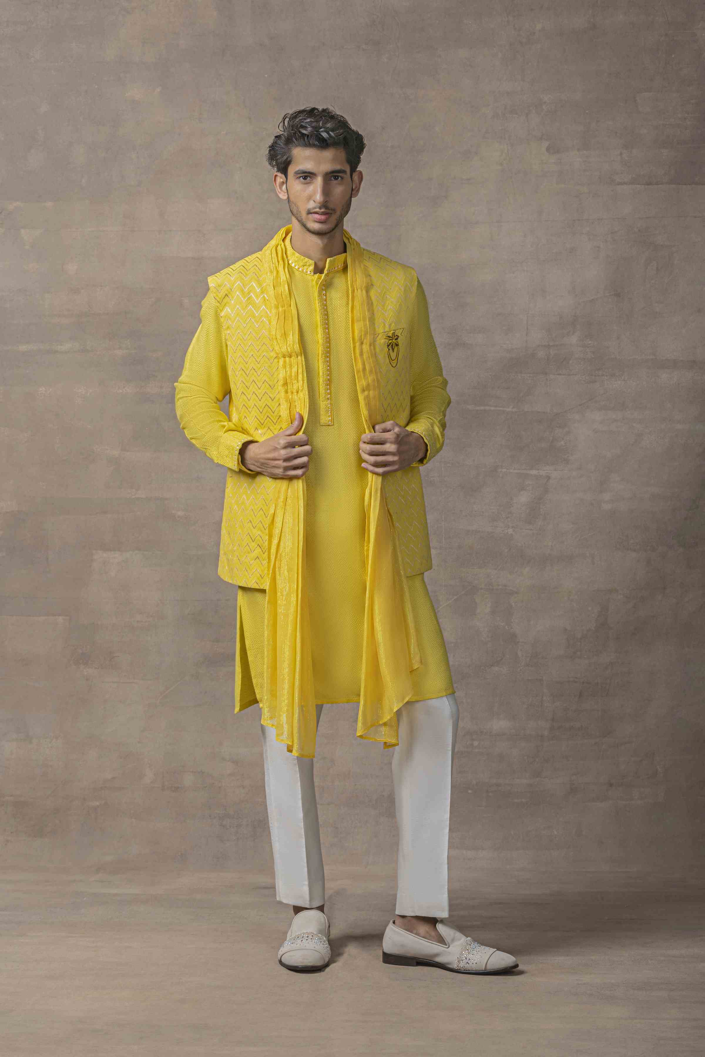 Mustard Drape Open Waistcoat Set