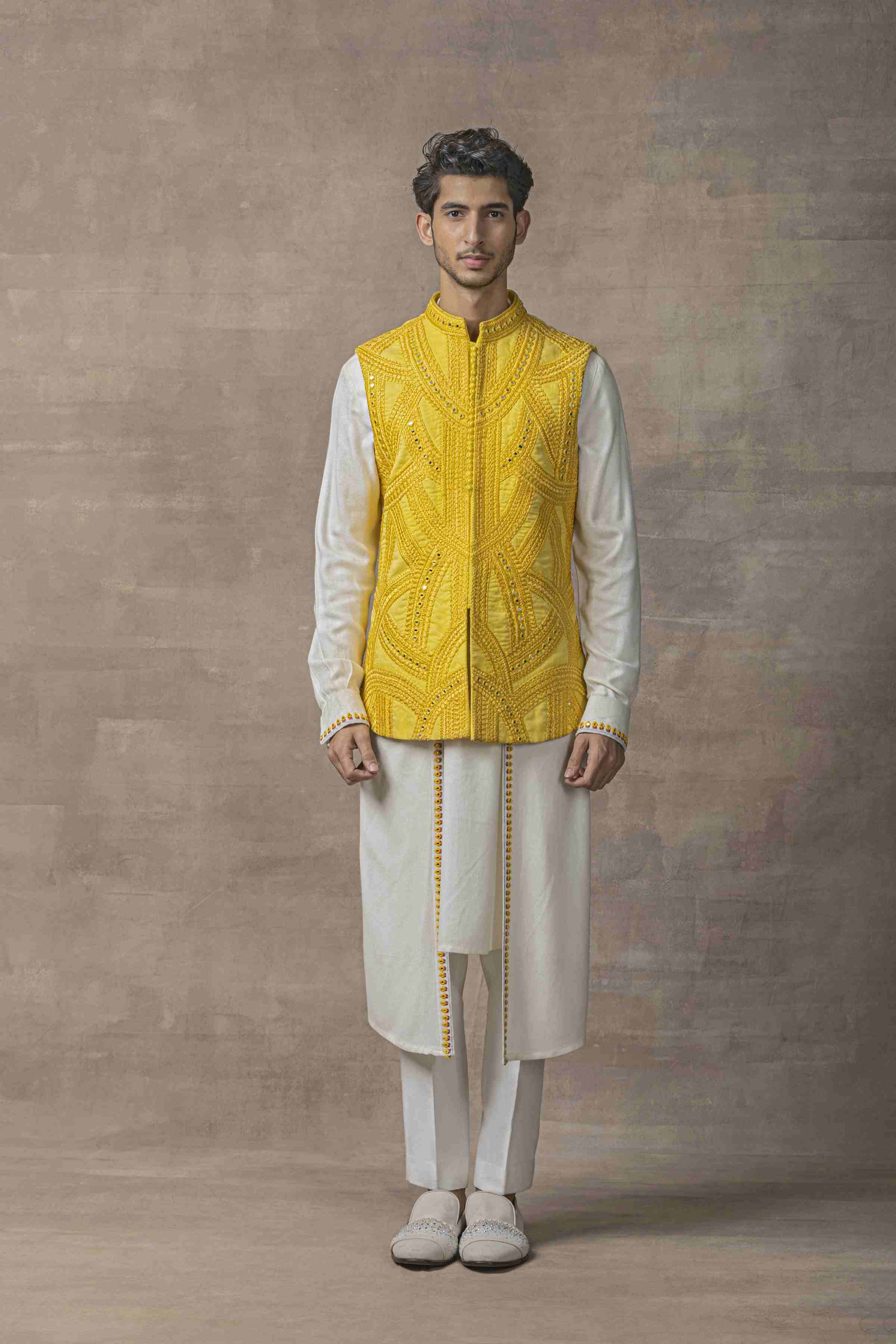 Mustard Drape Open Waistcoat Set