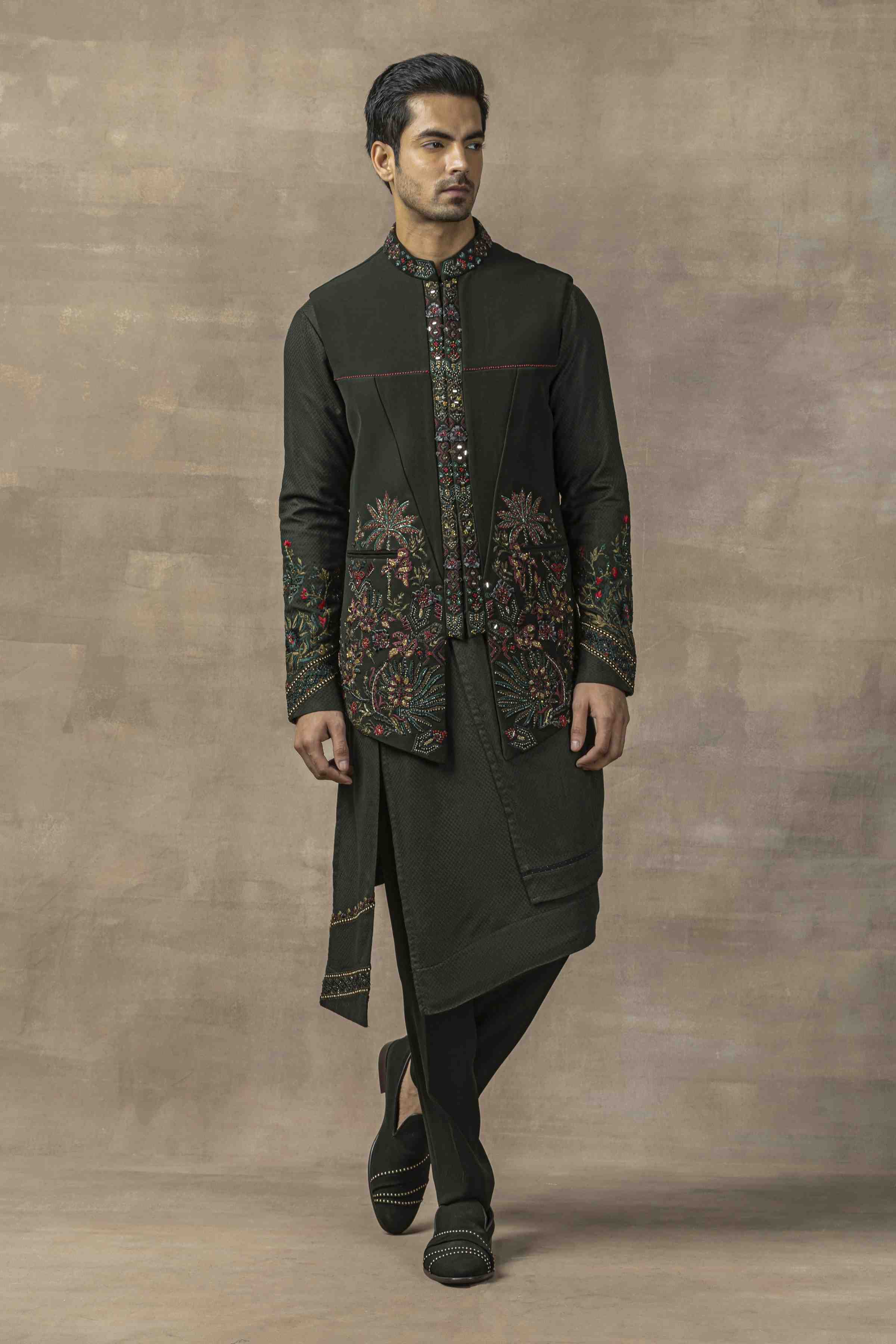 Forest Green Waistcoat With Panel Kurta And Pants