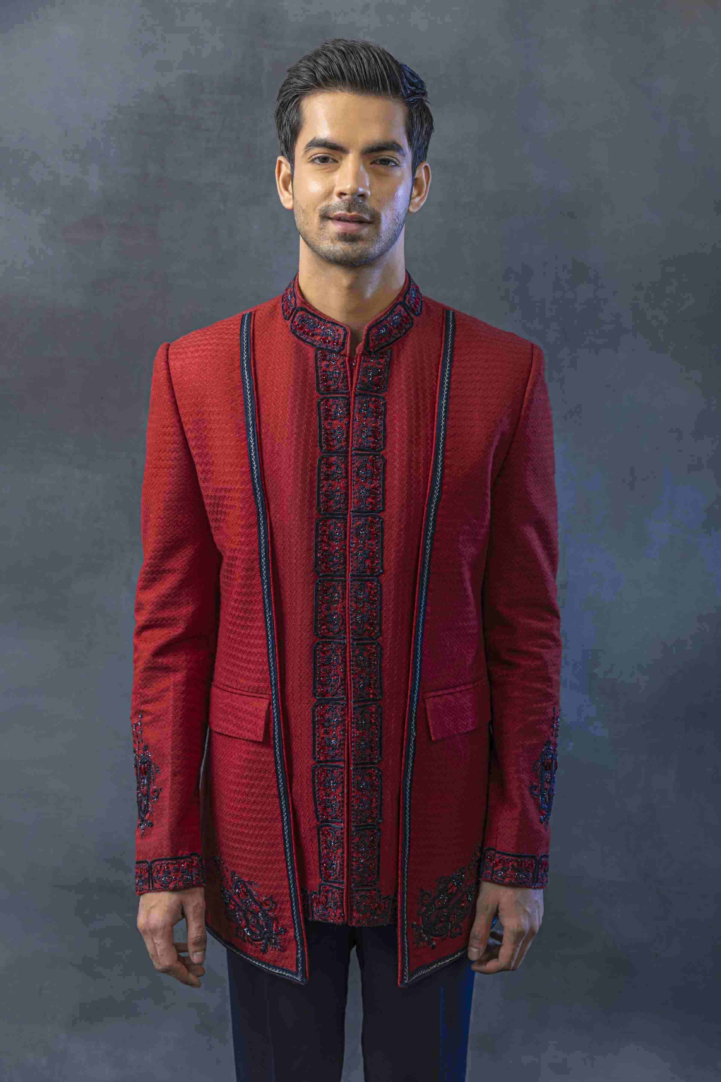 Red Panel Bandhgala With Pants