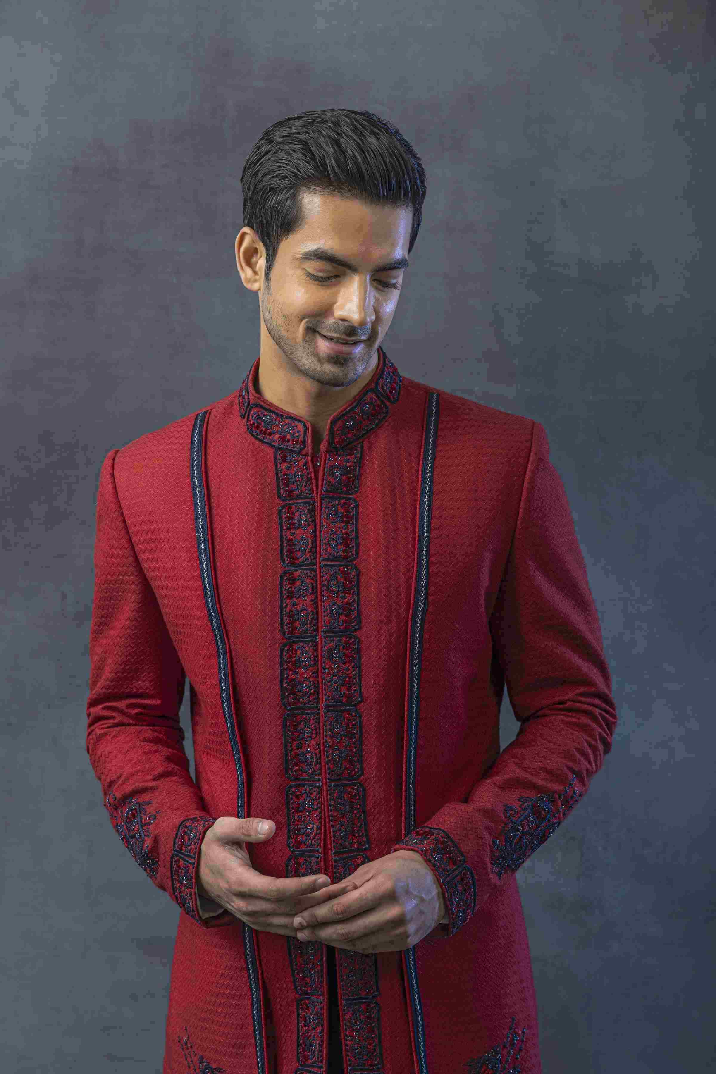 Red Panel Bandhgala With Pants