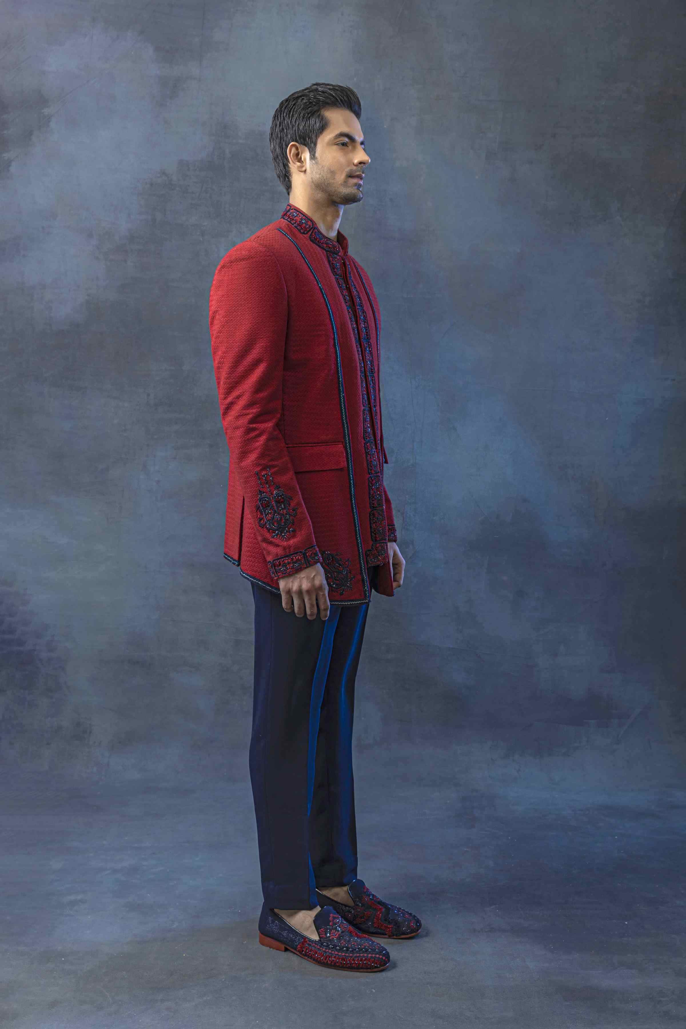 Red Panel Bandhgala With Pants