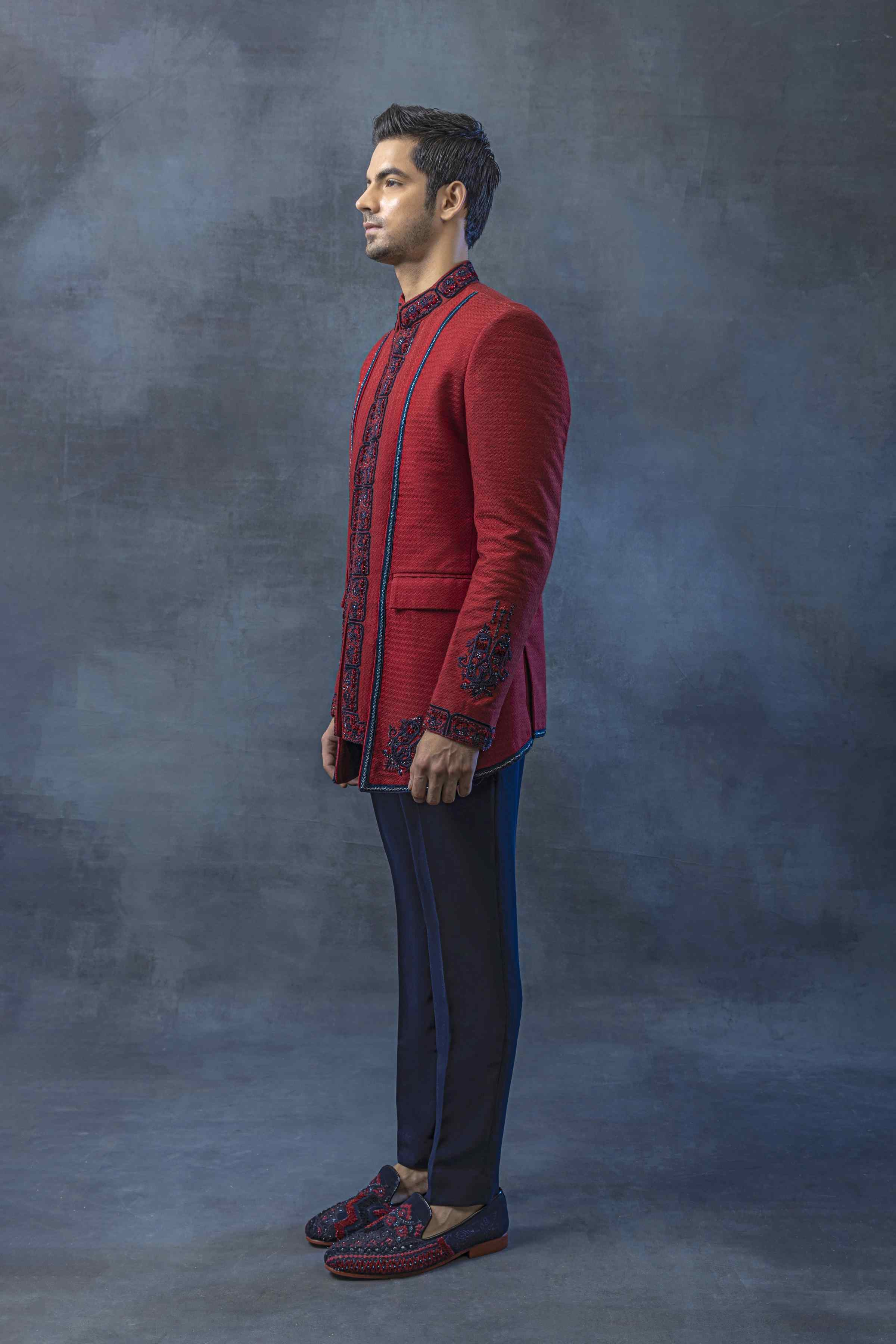 Red Panel Bandhgala With Pants