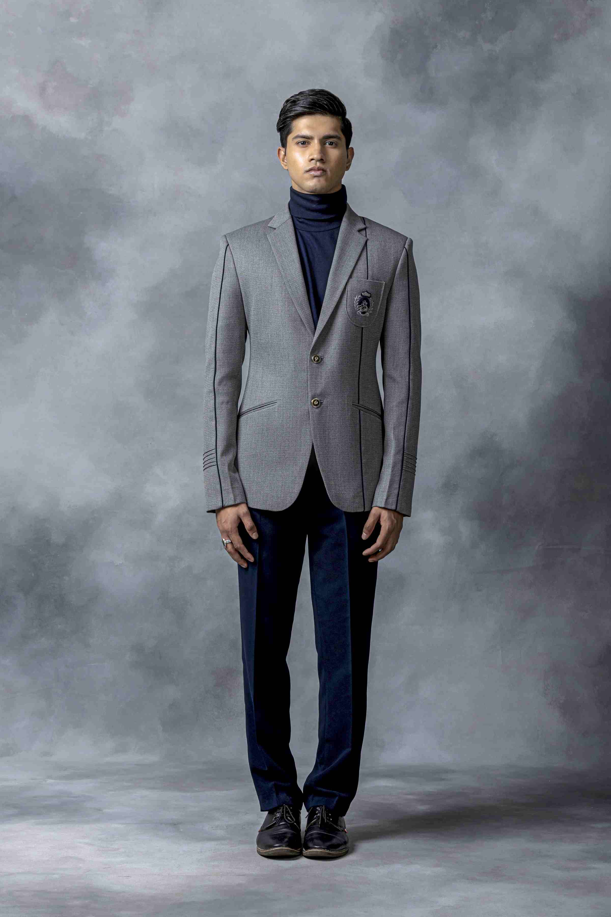 Grey Blazer With Patch Pocket And Navy Piping