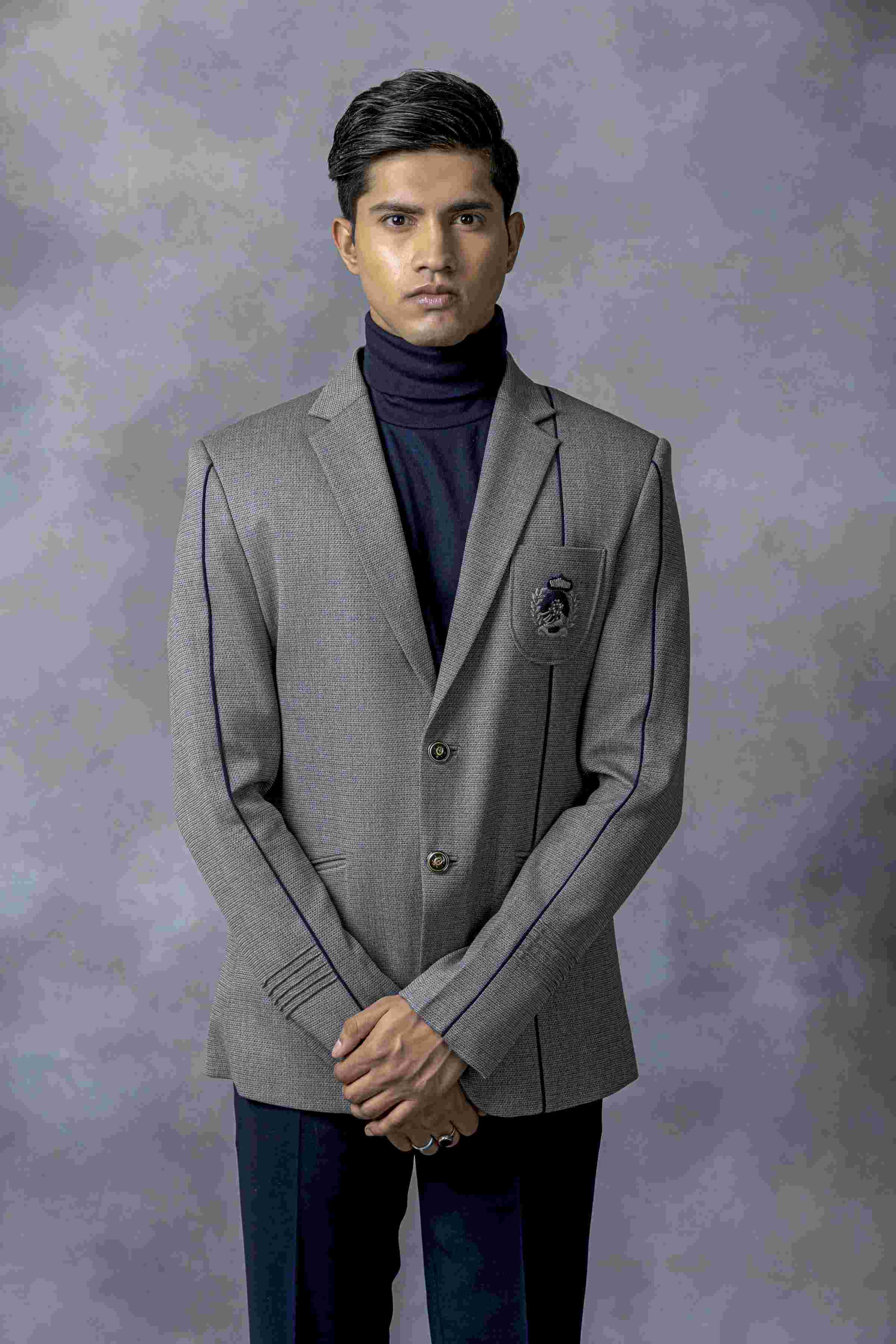 Grey Blazer With Patch Pocket And Navy Piping
