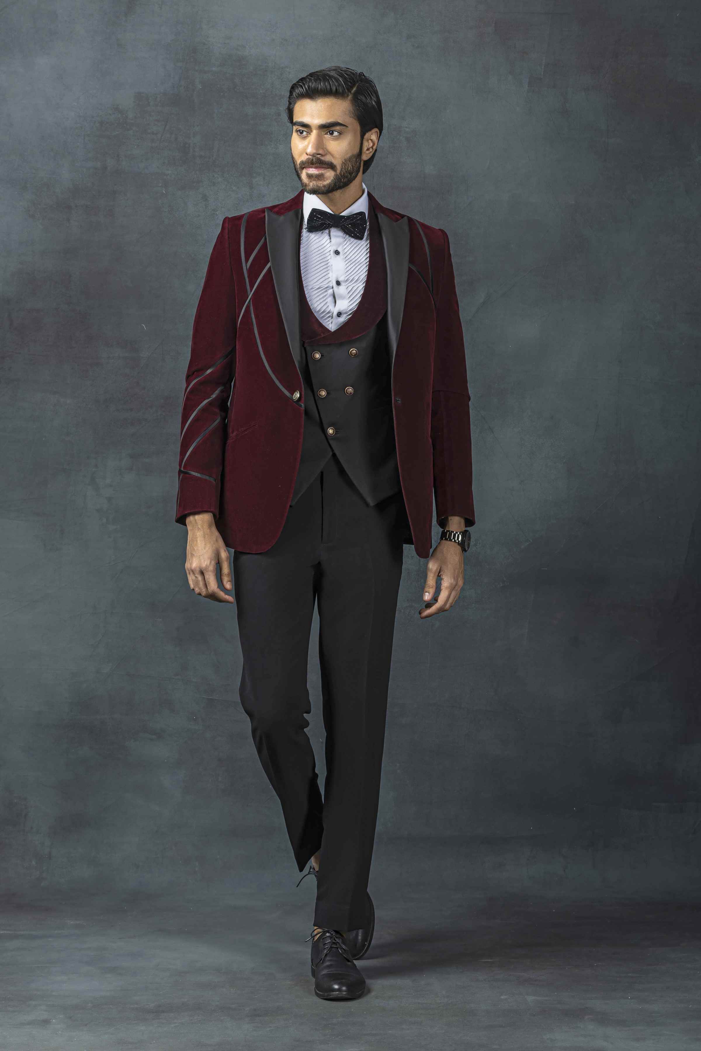 Wine Velvet Tuxedo With Black Satin Stripe Detailing