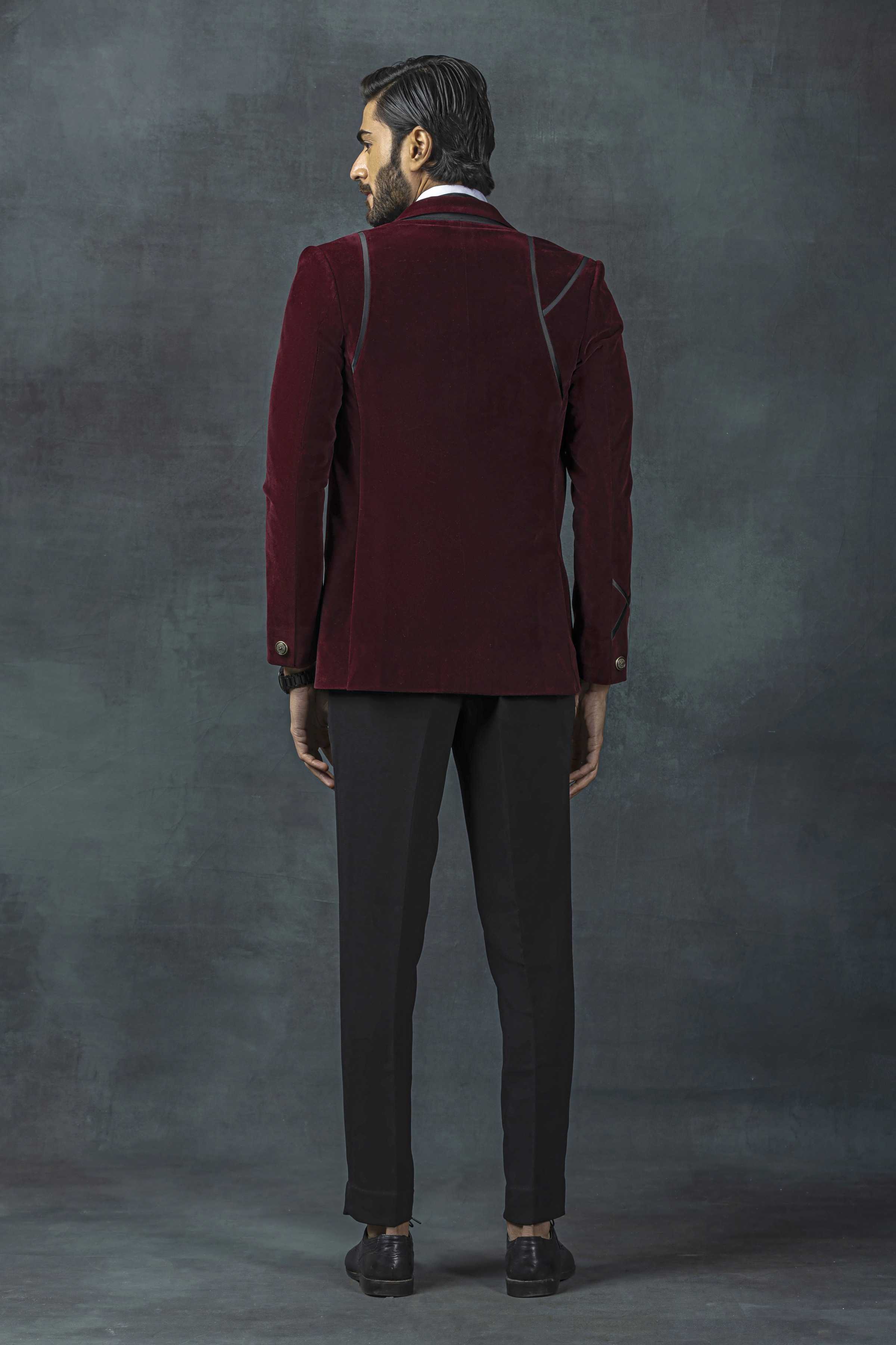 Wine Velvet Tuxedo With Black Satin Stripe Detailing