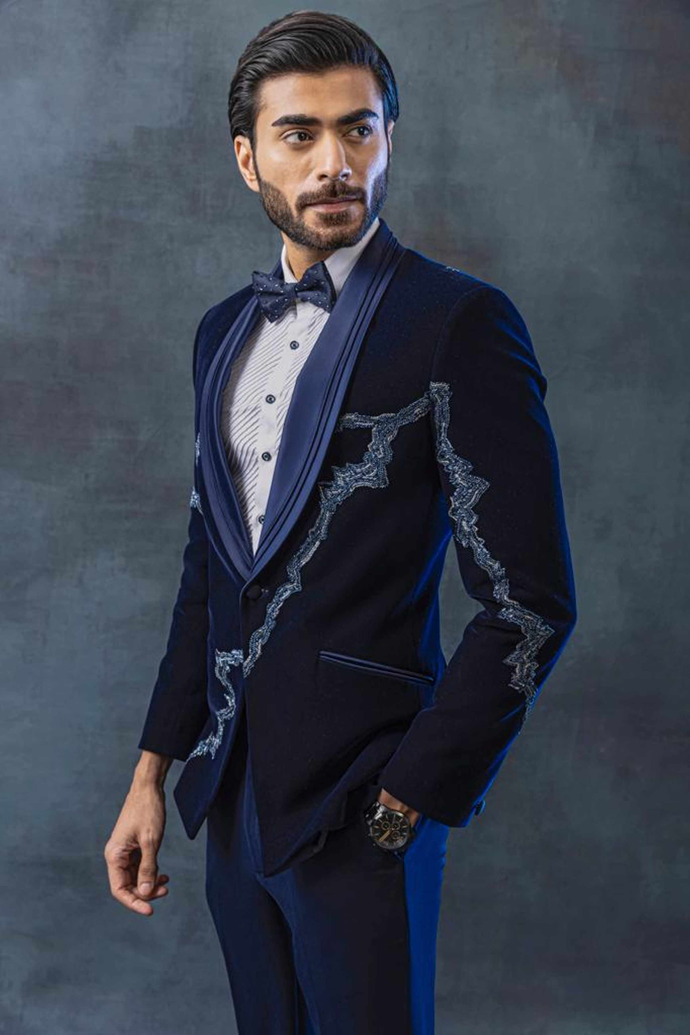 Blue Velvet Tuxedo With Peal Embellishment