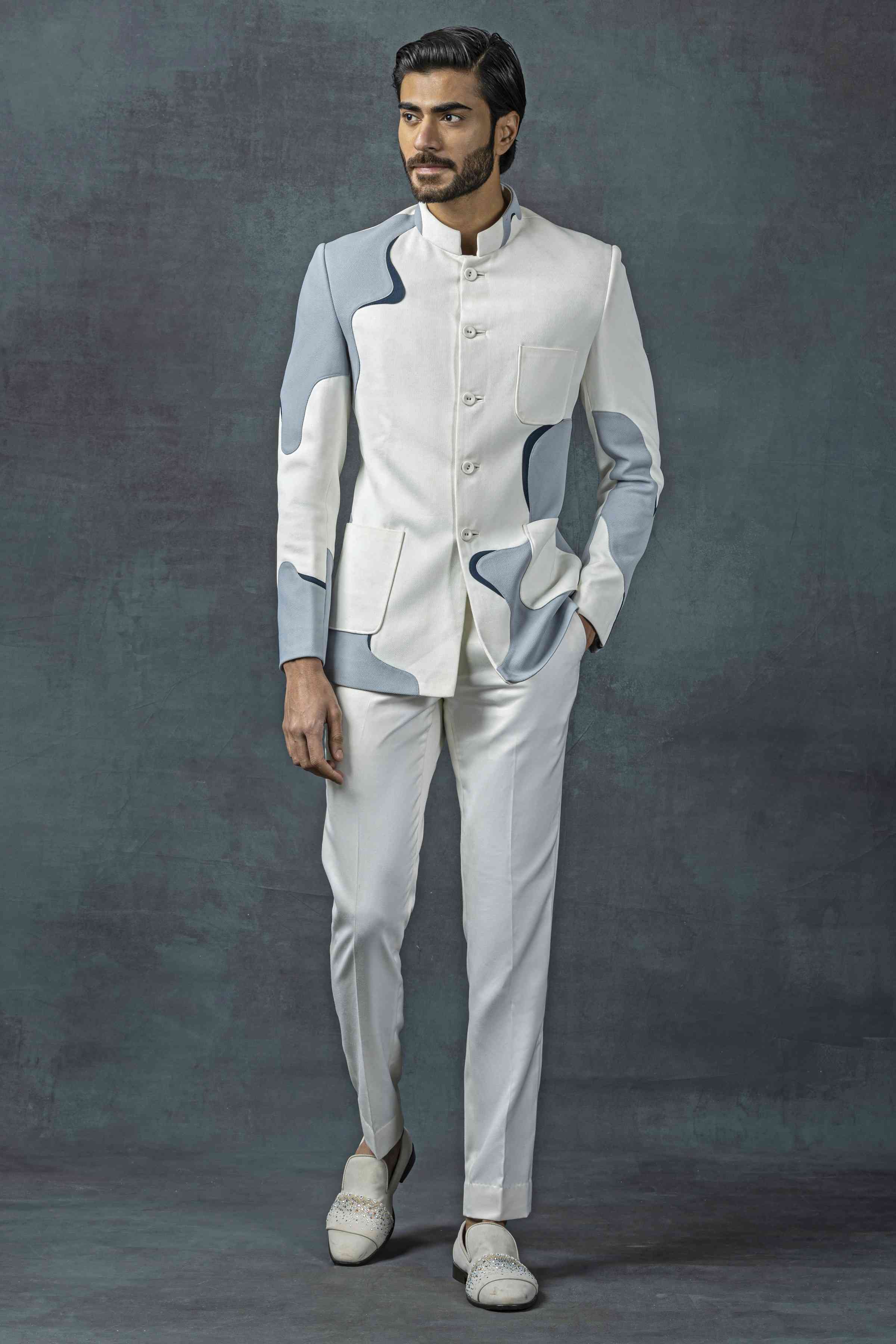 Off White Bandhgala With Grey Applique Work Set