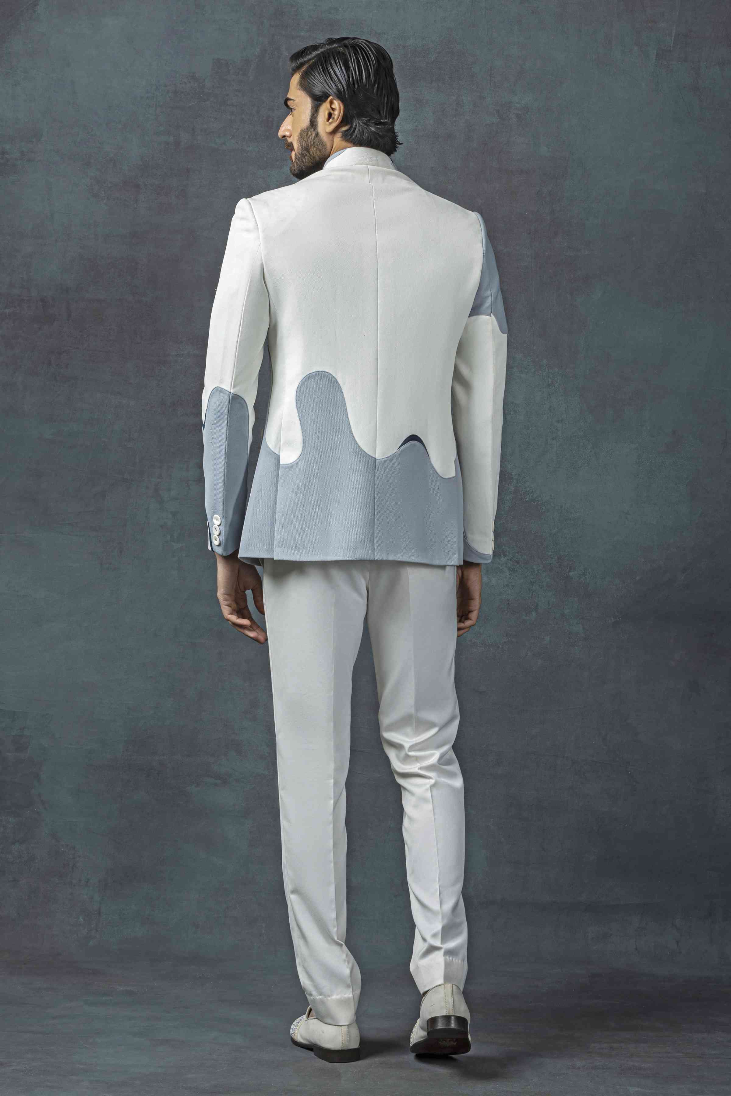 Off White Bandhgala With Grey Applique Work Set