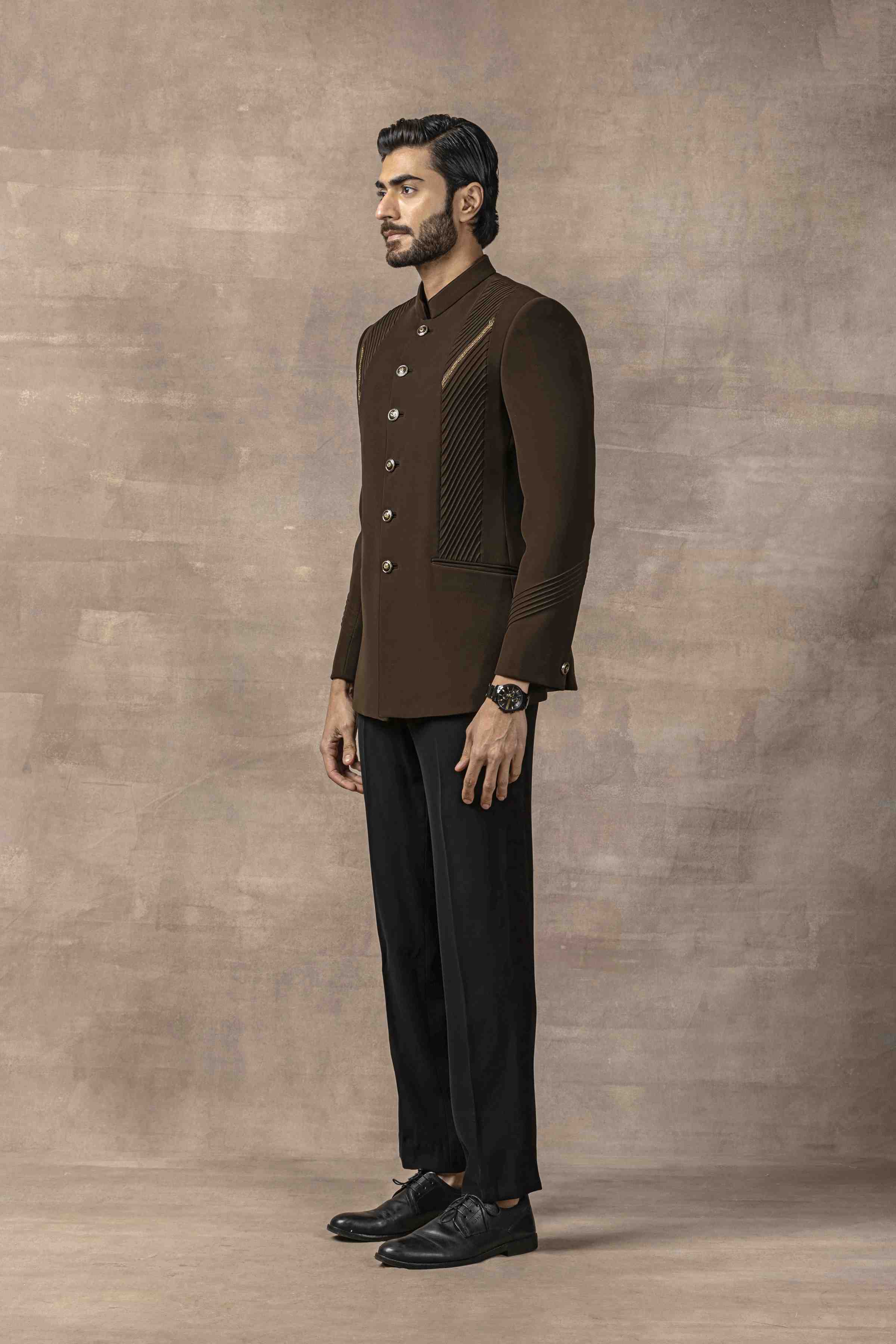 Olive Green Bandhgala With Pintuck Detailing Set