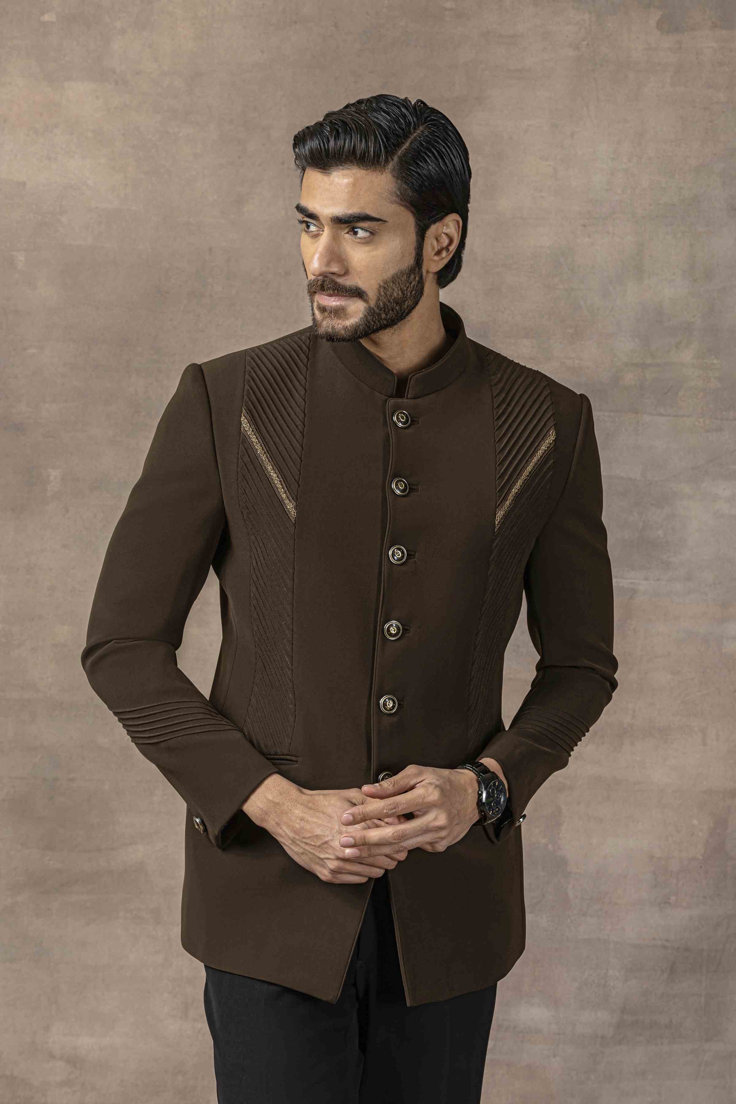 Olive Green Bandhgala With Pintuck Detailing Set