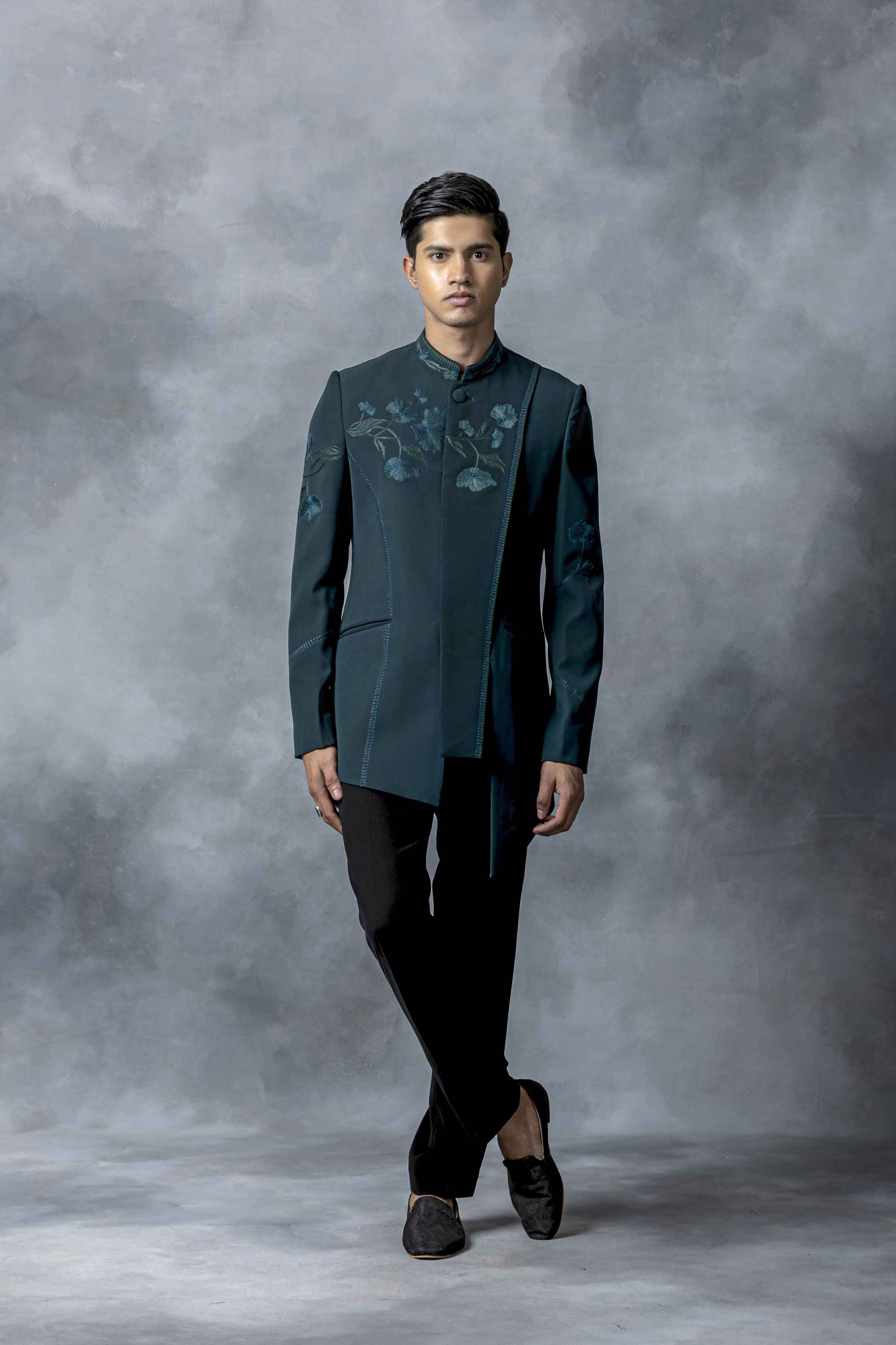 Green Thread Work Panel Bandhgala Set