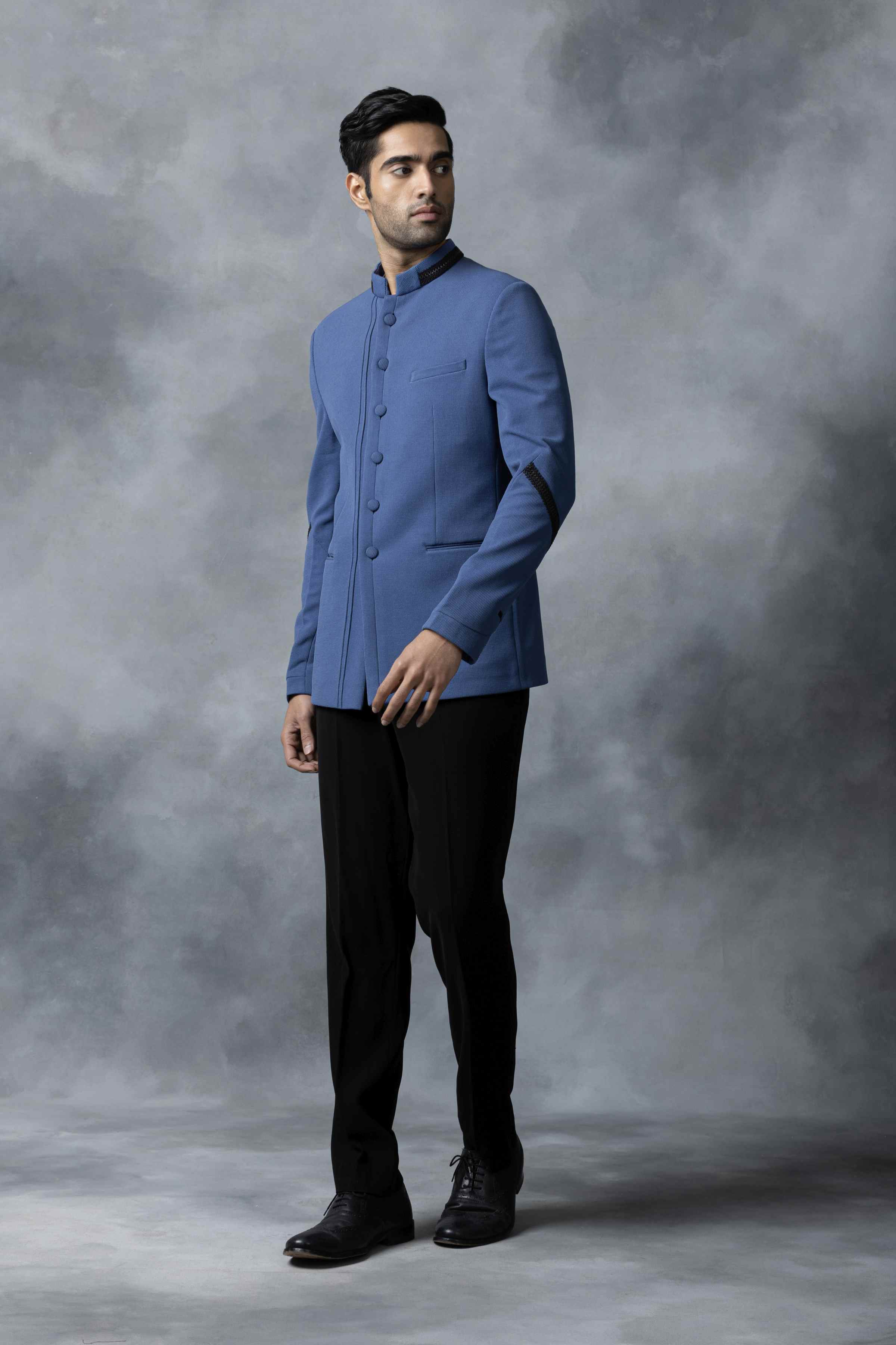 Blue Bandhgala With Black Leather Detailing
