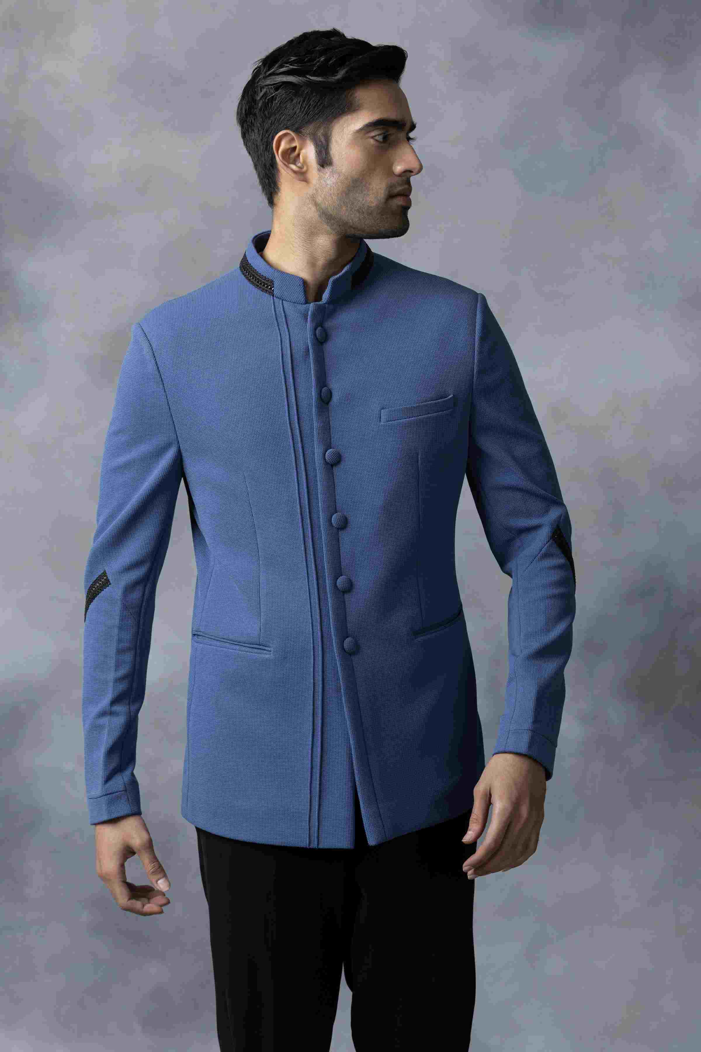 Blue Bandhgala With Black Leather Detailing