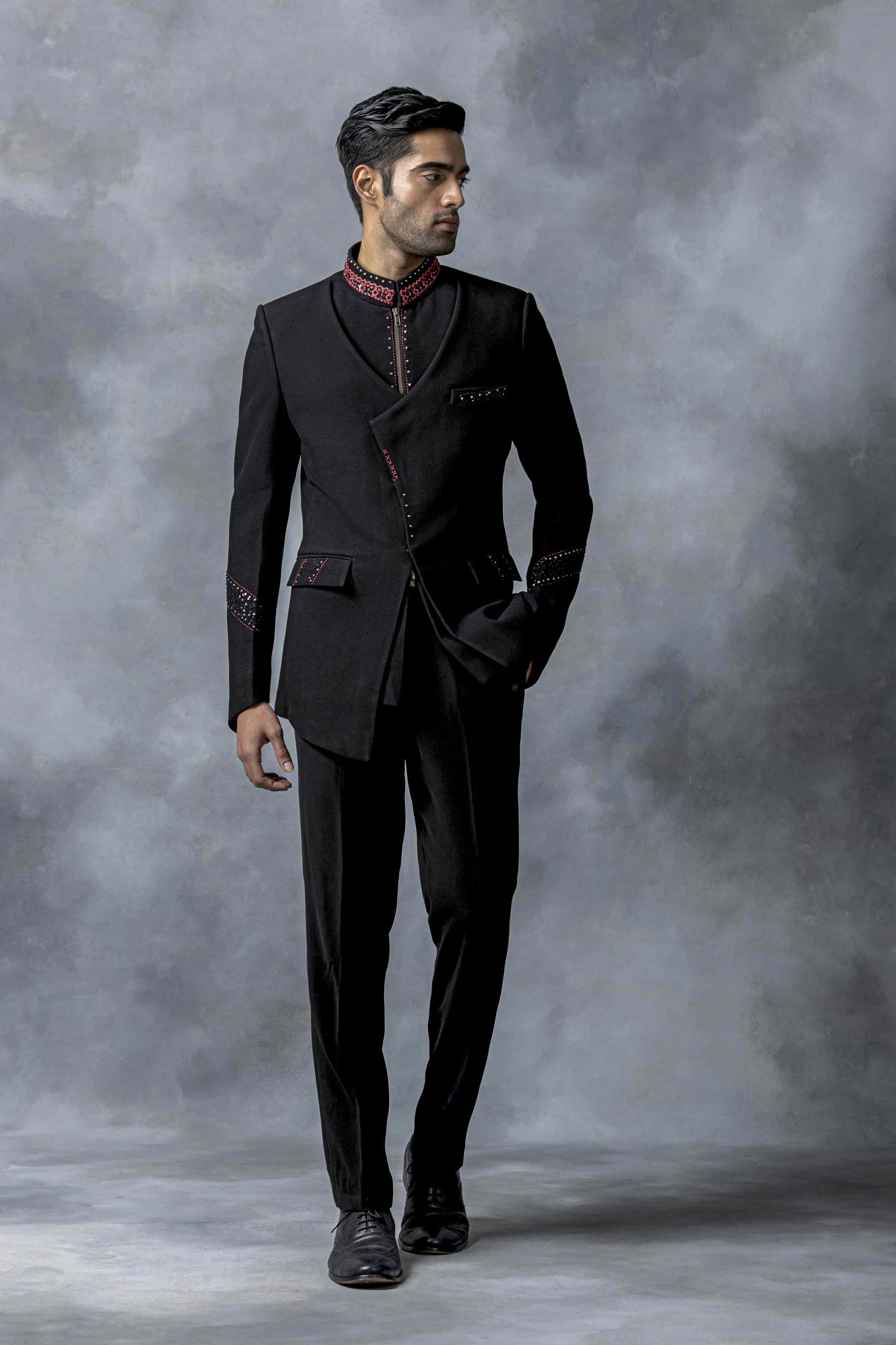 Black Bandhgala With Pink Thread And Rivet Work