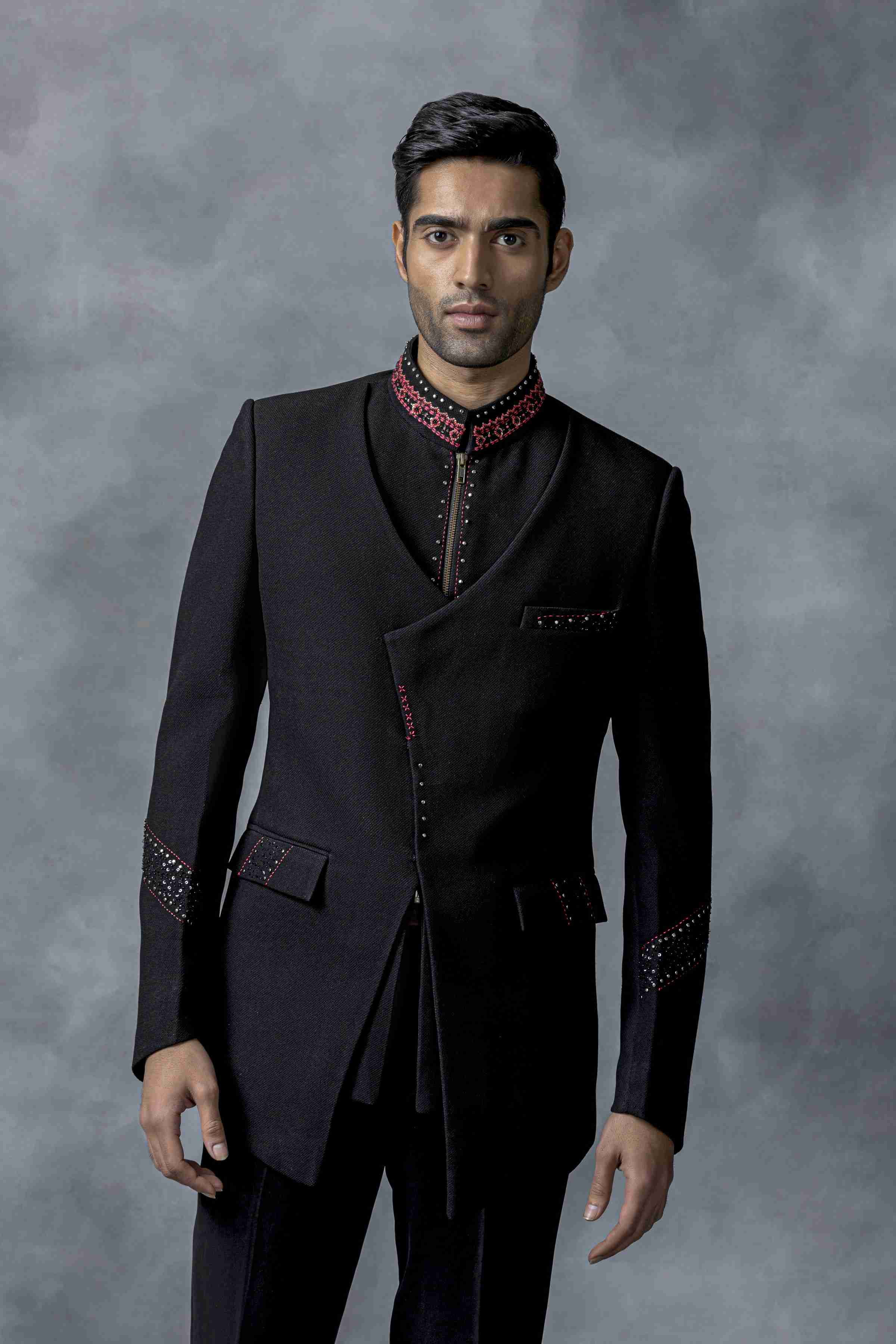 Black Bandhgala With Pink Thread And Rivet Work