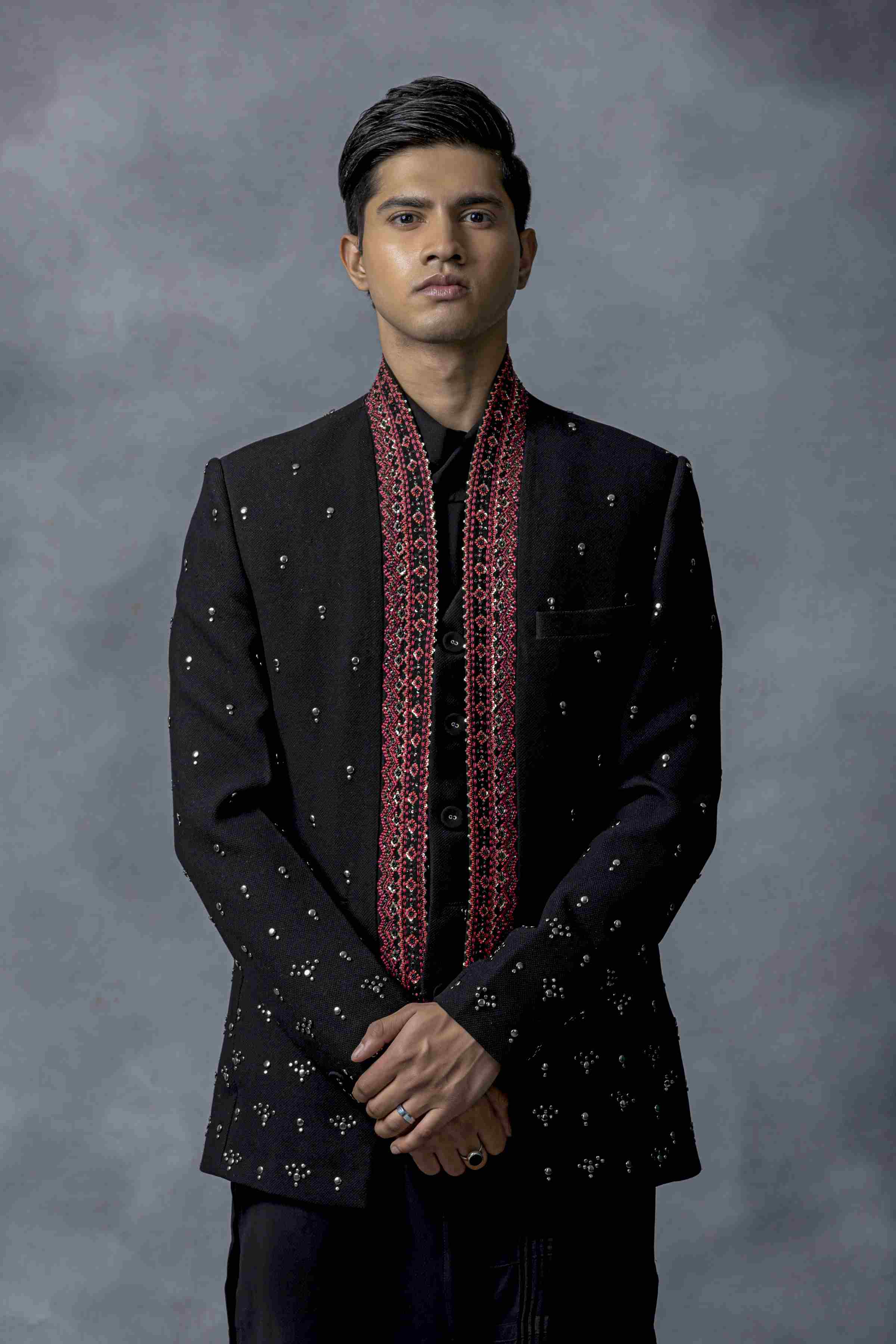 Black Dual Layer Bandhgala With Rivet Work