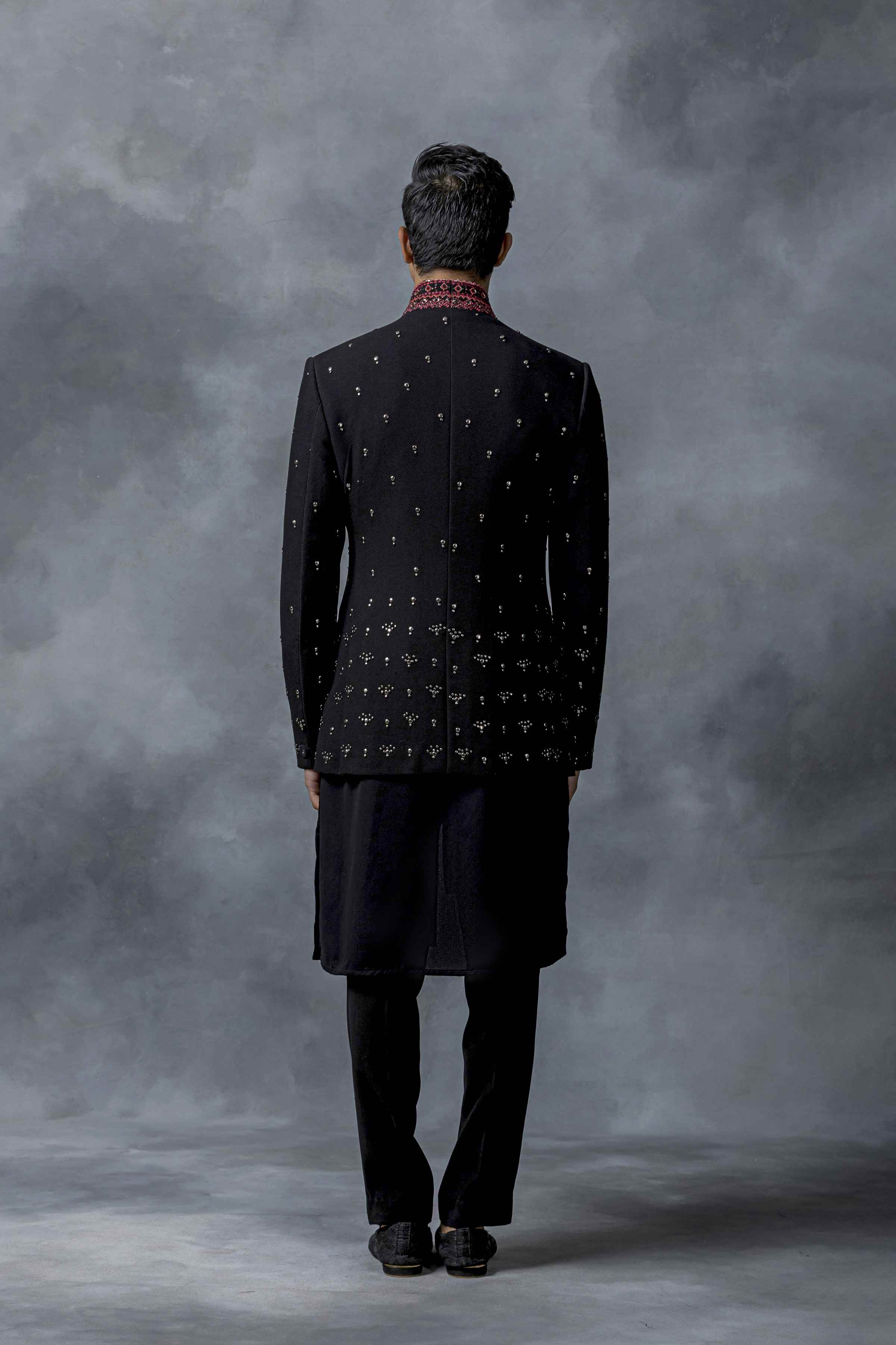 Black Dual Layer Bandhgala With Rivet Work