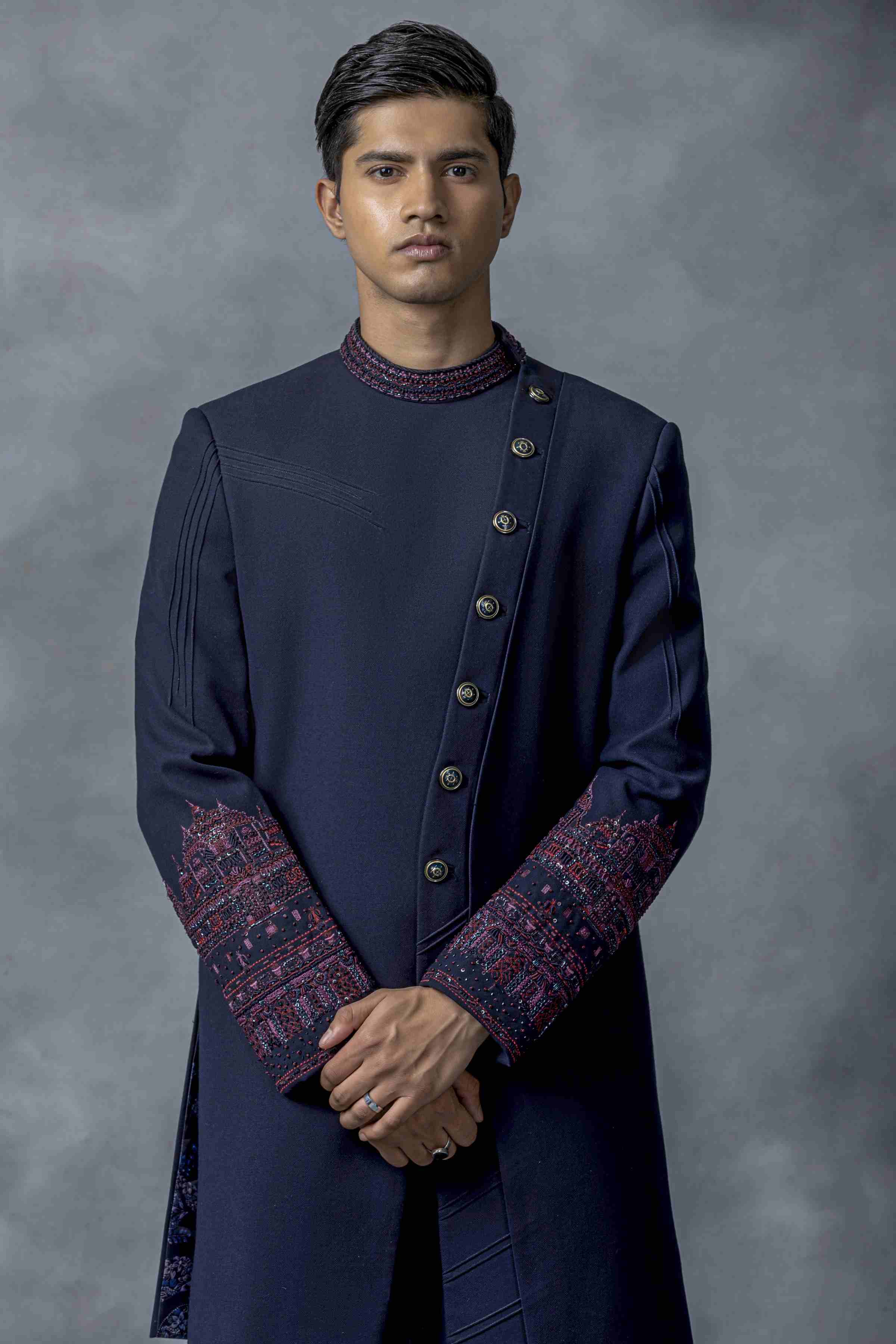 Navy Slant Cut Indo-Western With Wine And Navy Embroidery