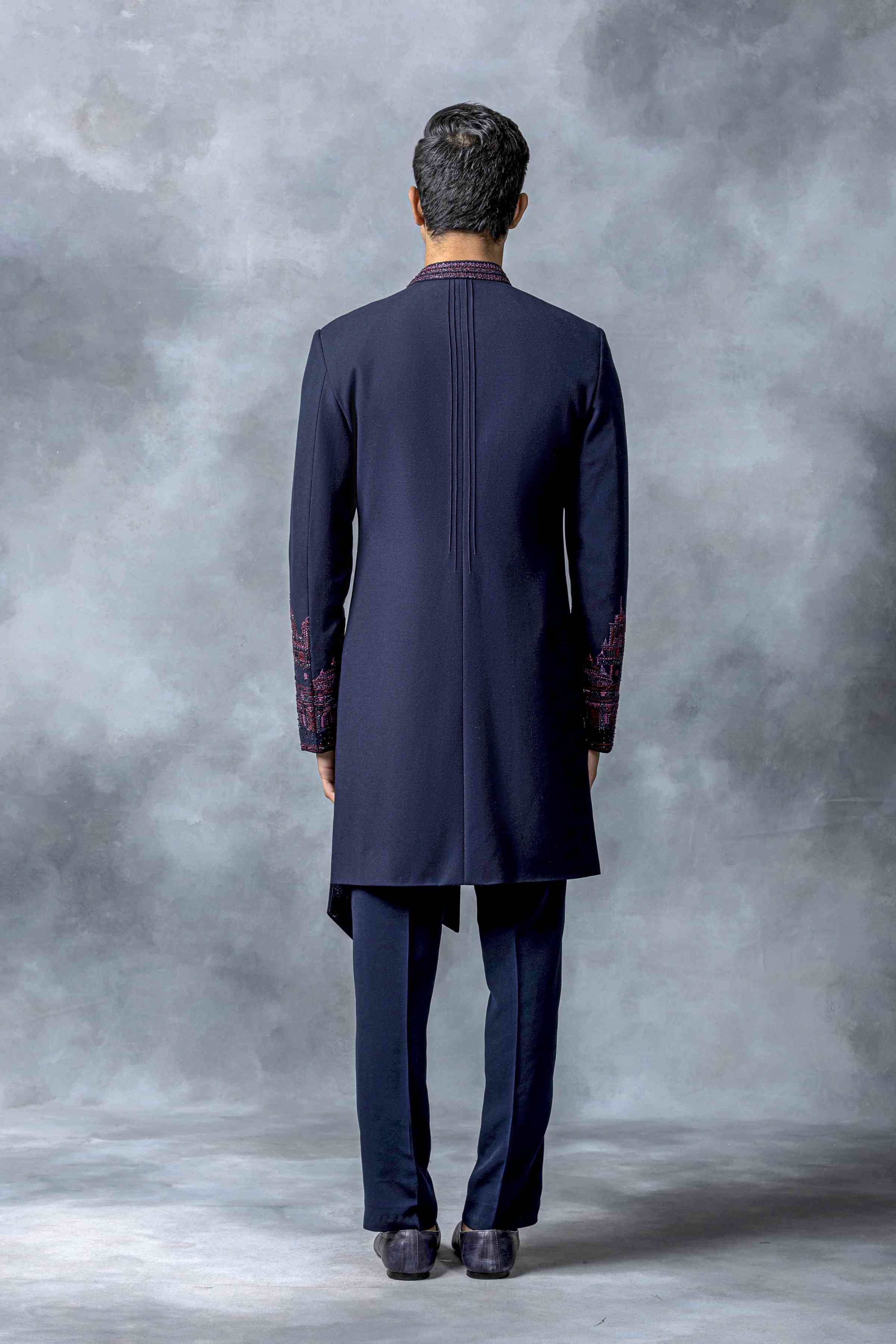 Navy Slant Cut Indo-Western With Wine And Navy Embroidery